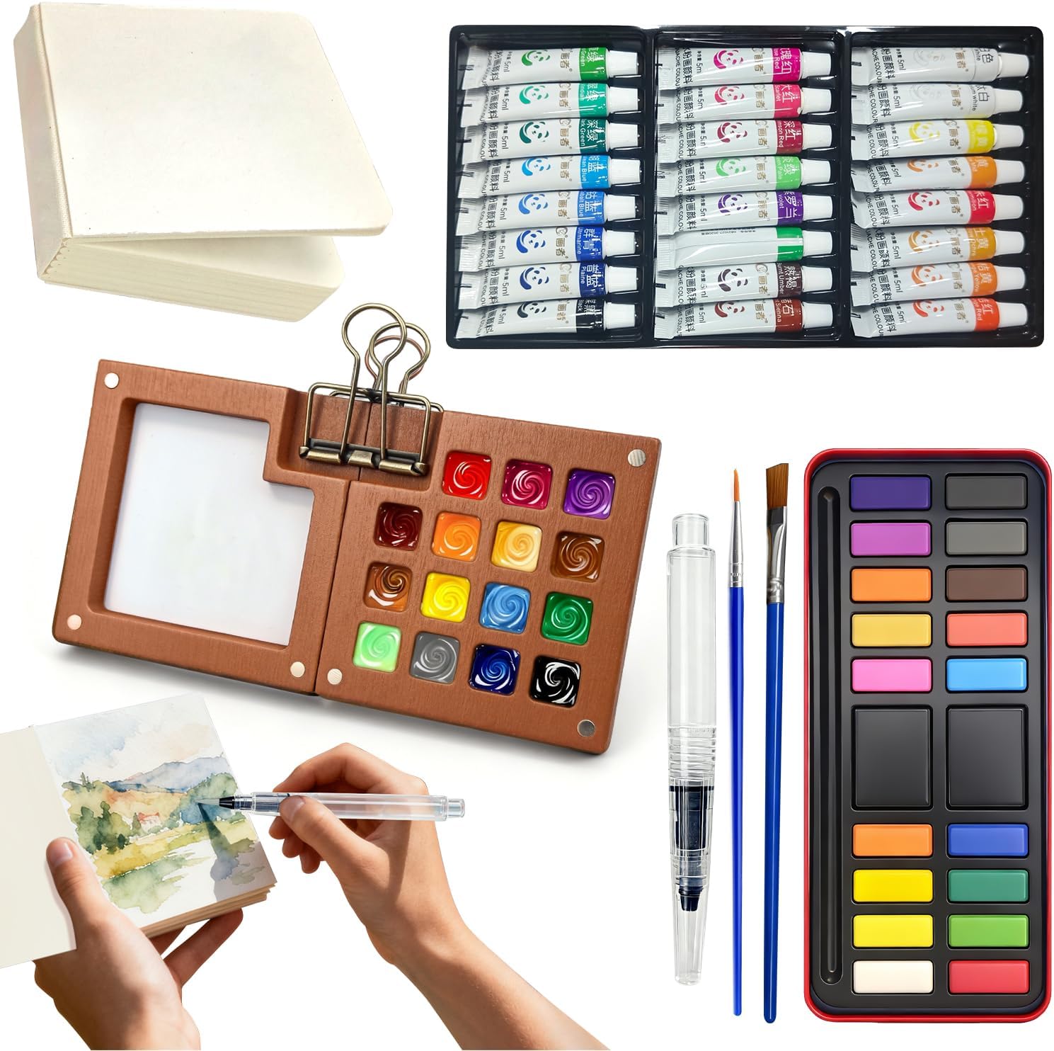 15 Grids 24 Color Mini Watercolor Travel Set And 12 Colors Watercolor Kit With Paint Brush For Beginners, Wooden Portable Pocket Palette For Outdoor And Indoor (B)
