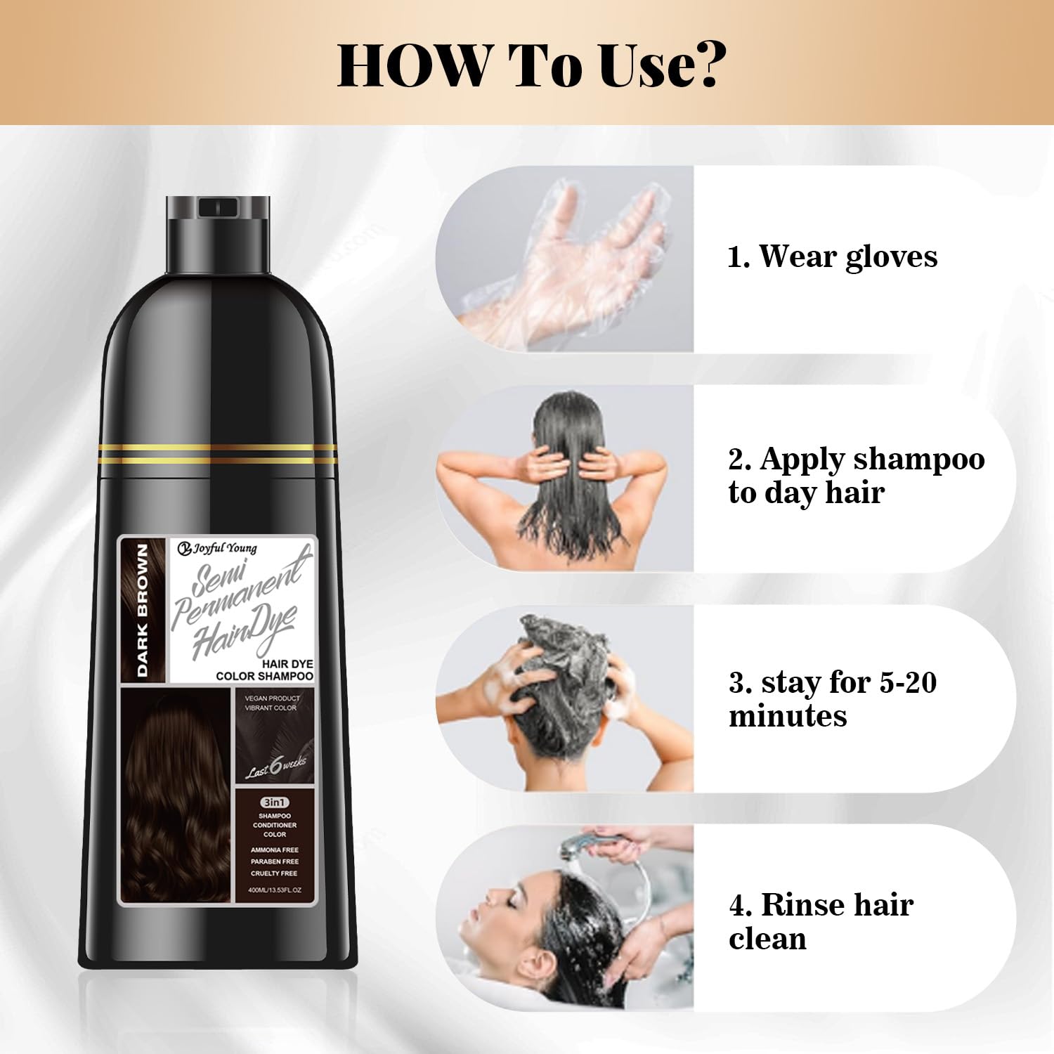 Joyful Young Hair Dye Shampoo 3-in-1, Dark Brown Semi-Permanent Gray Hair Coverage, Color Depositing Shampoo for Women & Men, Vegan, Ammonia-Free