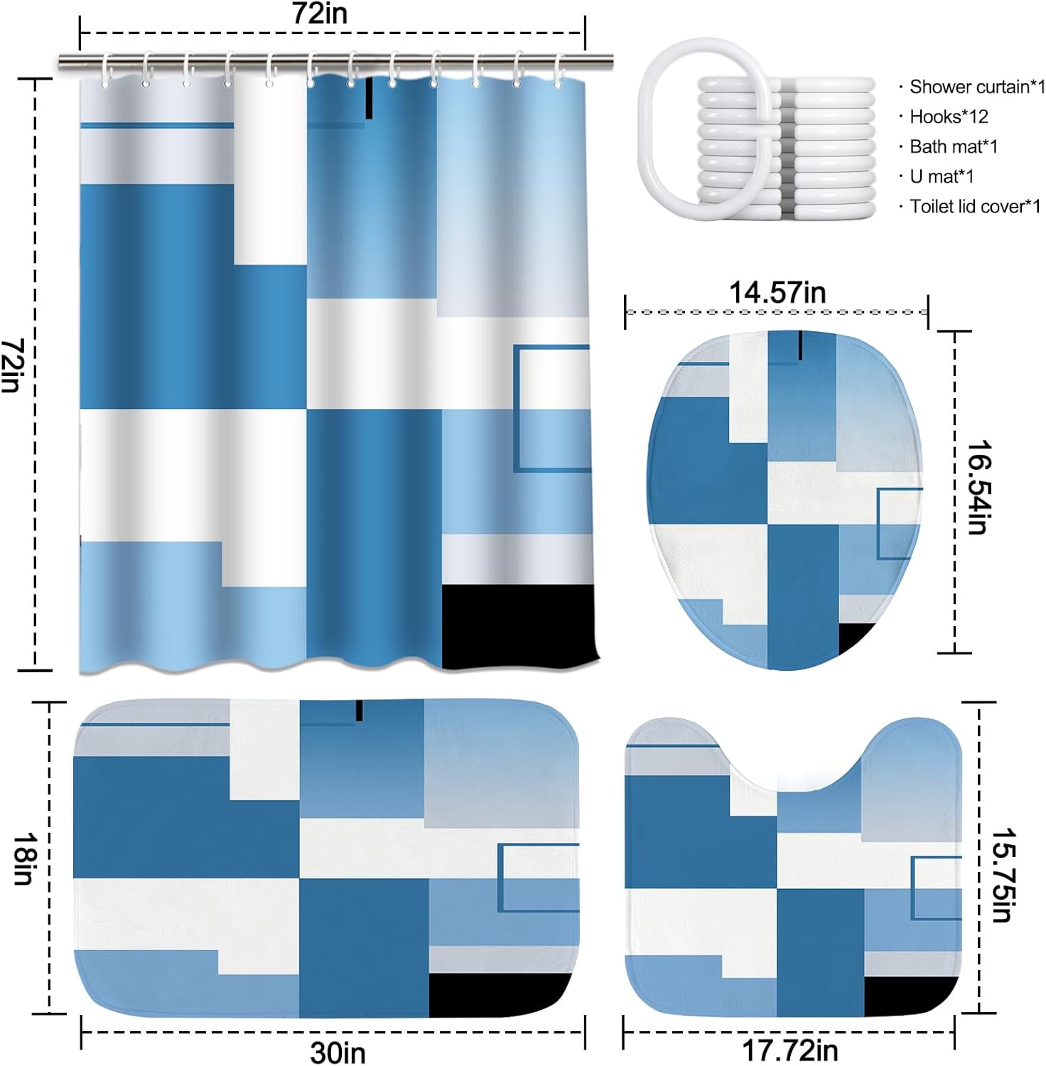 4 Pcs Blue Geometric Bathroom Shower Curtain Sets with with Toilet Lid Cover and Non-Slip Rugs, Blue Modern Bathroom Decor Sets with Shower Curtain and Rugs for Bathroom