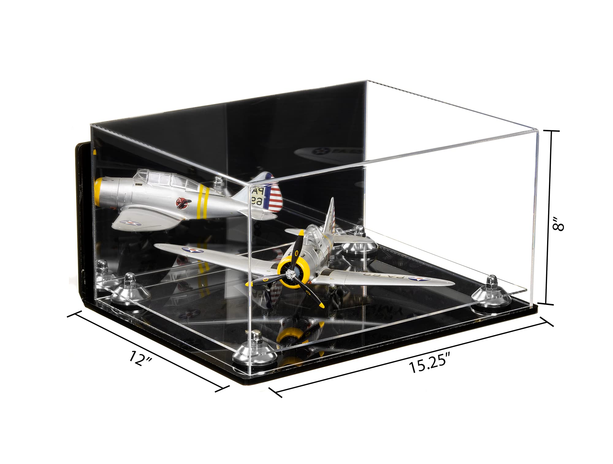 Better Display Cases Acrylic Versatile Display Case - Large Rectangle Box with Mirror Case, Silver Risers, Wall Mount and Clear Base 15.25
