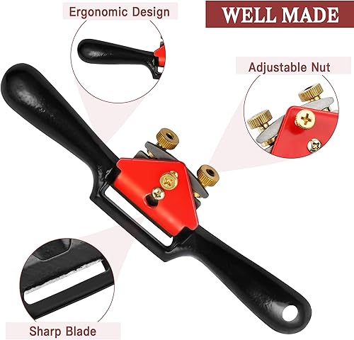 Miniatura 3 de Afeitadora de radios ajustable de 9 pulgadas, cepilladora manual para carpintería con base plana, cuchillas y regla de repuesto, cepilladora manual