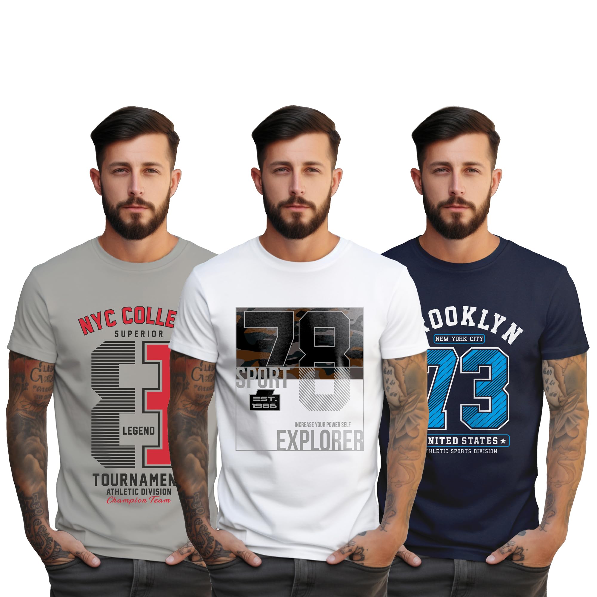 Peppyzone Camiseta estampada con números de ajuste regular para hombre, 100 % algodón, media manga, paquete combinado de 3 unidades