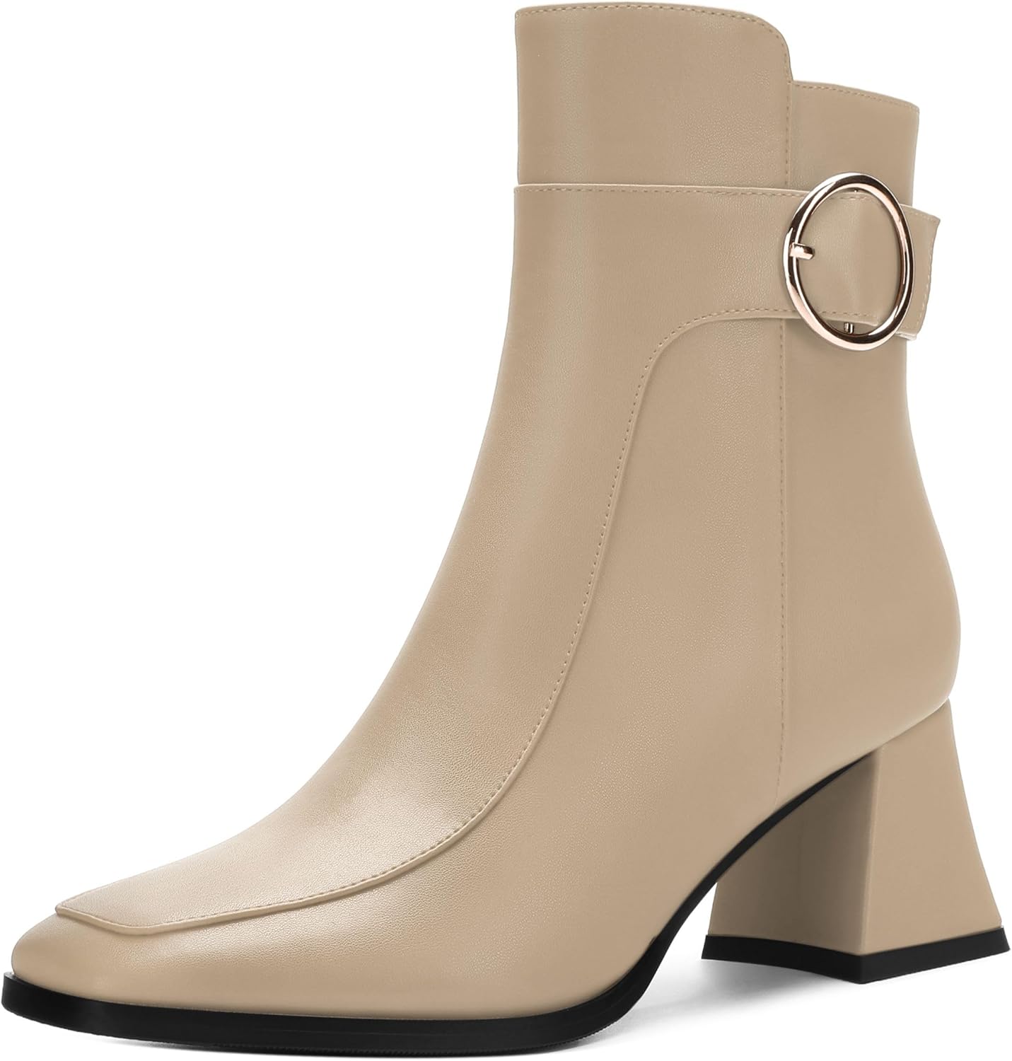 RLYGHWAO Women's Boots, Square Toe Short Boots with Side Zipper, Buckle Fashion Mid Chunky Heel Ankle boots for Women