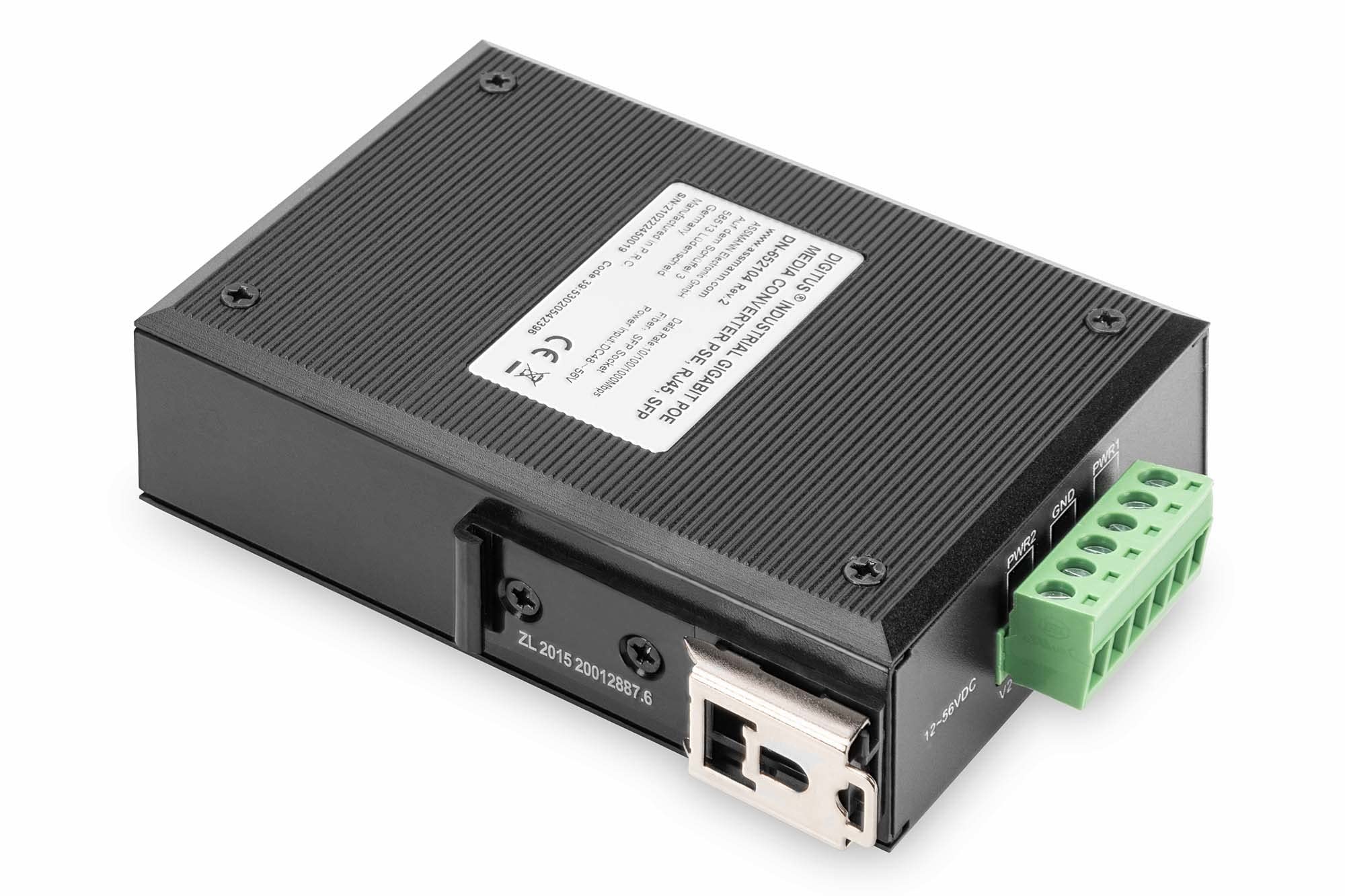 DIGITUS Convertisseur de média DIN-Rail - Port SFP - Ethernet Gbit - RJ45 / SFP 1000Base-X - Avec injecteur PoE - Noir