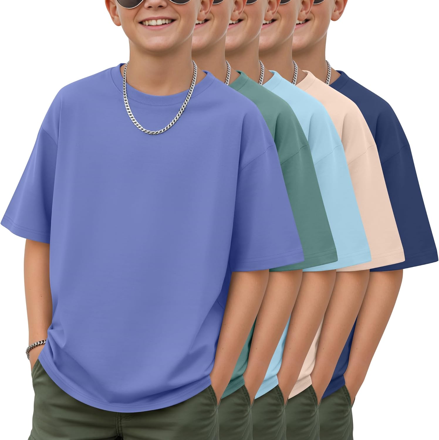 Oakgarden 5 Pack Boys Oversized Shirts Loose Fit Plain Short Sleeve Crewneck Tops Baggy Casual Basic Tees for Kids 5-14 Years