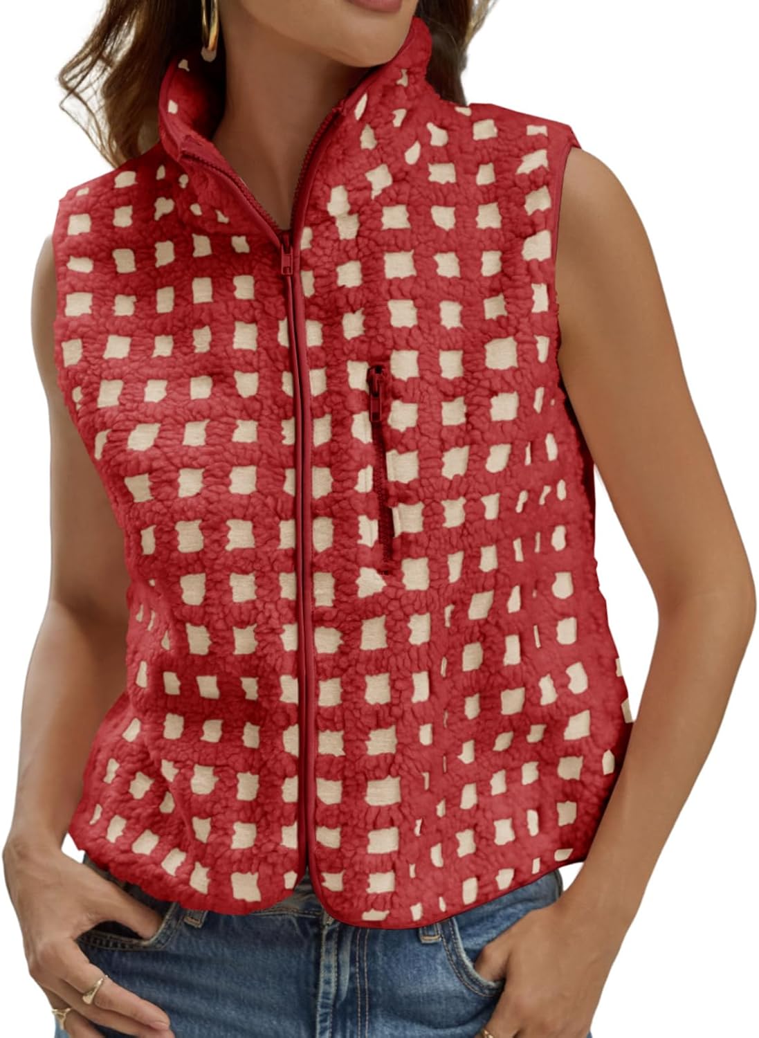 Tankaneo Womens Checkered Sherpa Vest Fleece Fuzzy Zip Up Sleeveless Jacket Casual 2025 Winter Warm Outwear