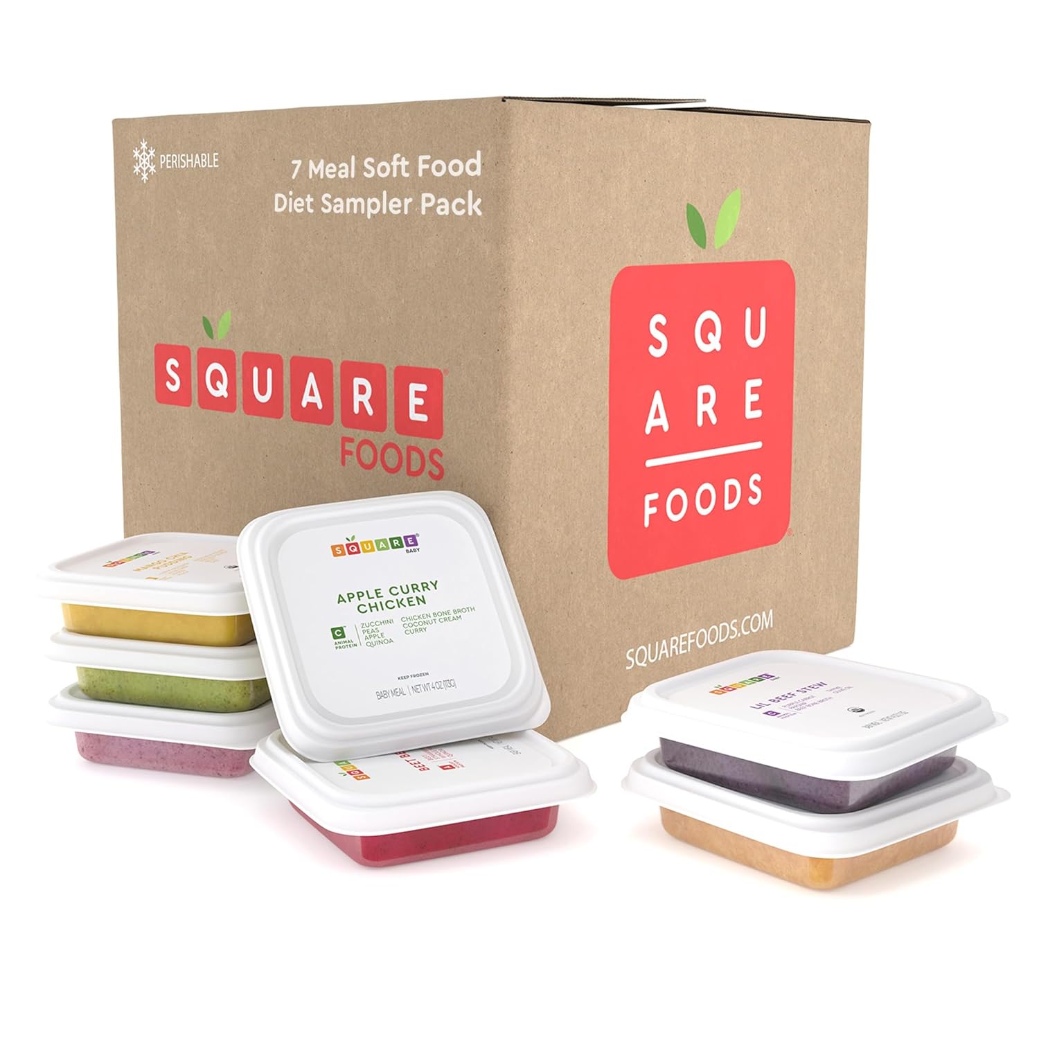 Square Food Organic Baby Food Purees | Soft Food Sampler Pack | Fresh & Dietitian-Designed Veggie-Forward, Balanced Meals | Low Sugar. No Added Sugar | Allergen Intro Options (7 Pack, 4 oz)