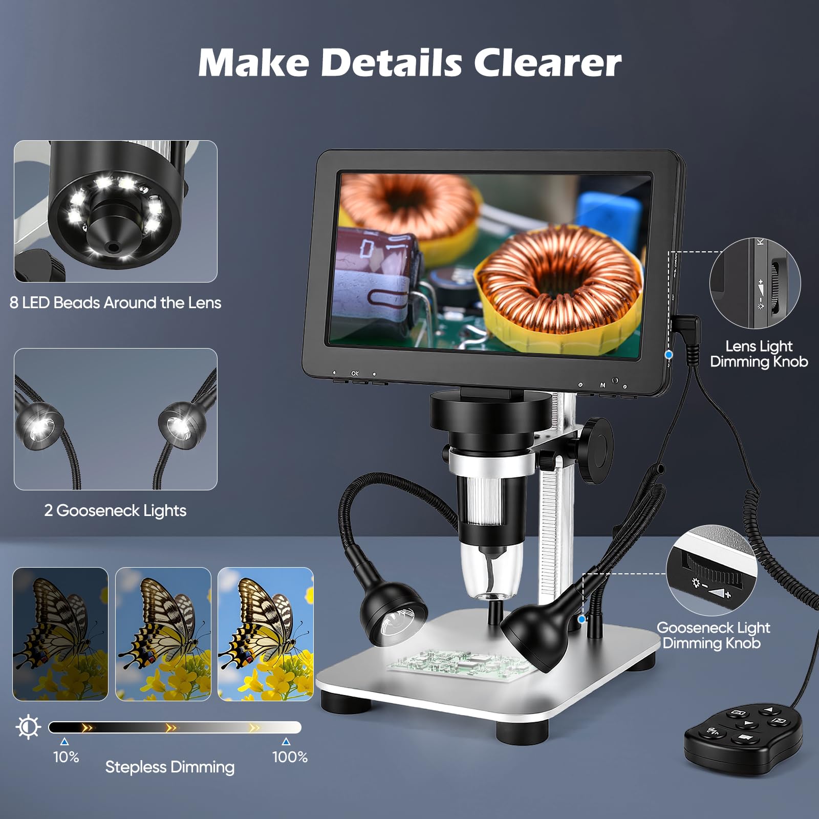 Microscopio Digitale Elettronico Portatile da 7 Pollici 1080P · USB 1200x · Adatto a Tutte le Età · Compatibile con Windows/macOS · per Monete e Kit Biologico