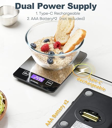 Miniatura 4 de ATOGOU Báscula de alimentos de 33 libras, báscula de cocina recargable con pantalla LCD retroiluminada de visión completa, superficie de acero