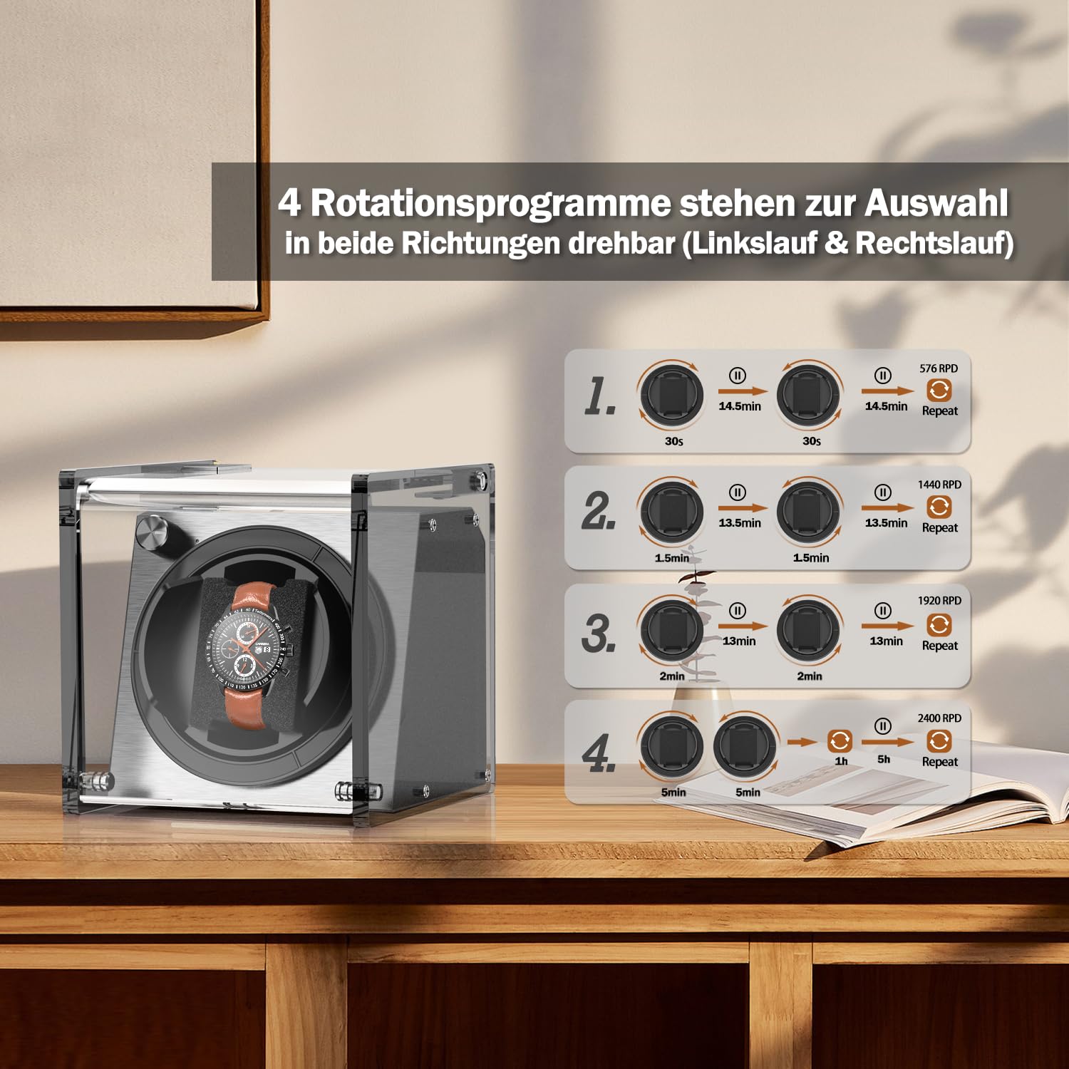 Watch Winder Smith Uhrenbeweger aus halbtransparentem PE Kunststoff für 1 Uhren