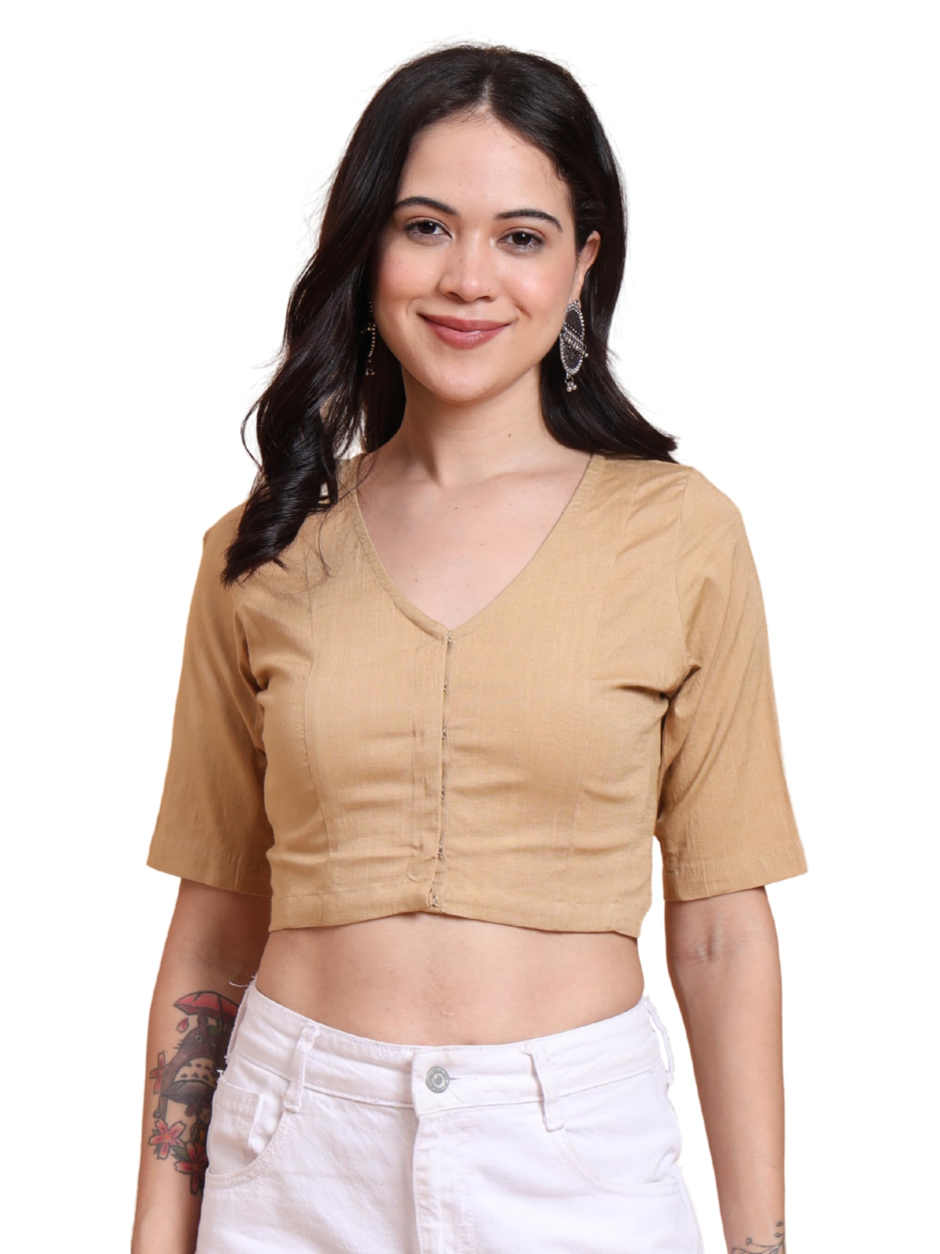 Women’s Stretchable Lycra V-Neck Short Sleeve Front Open with Hook Stylish Crop Blouse Top for Ethnic Beige Designer Festive Choli Blouse