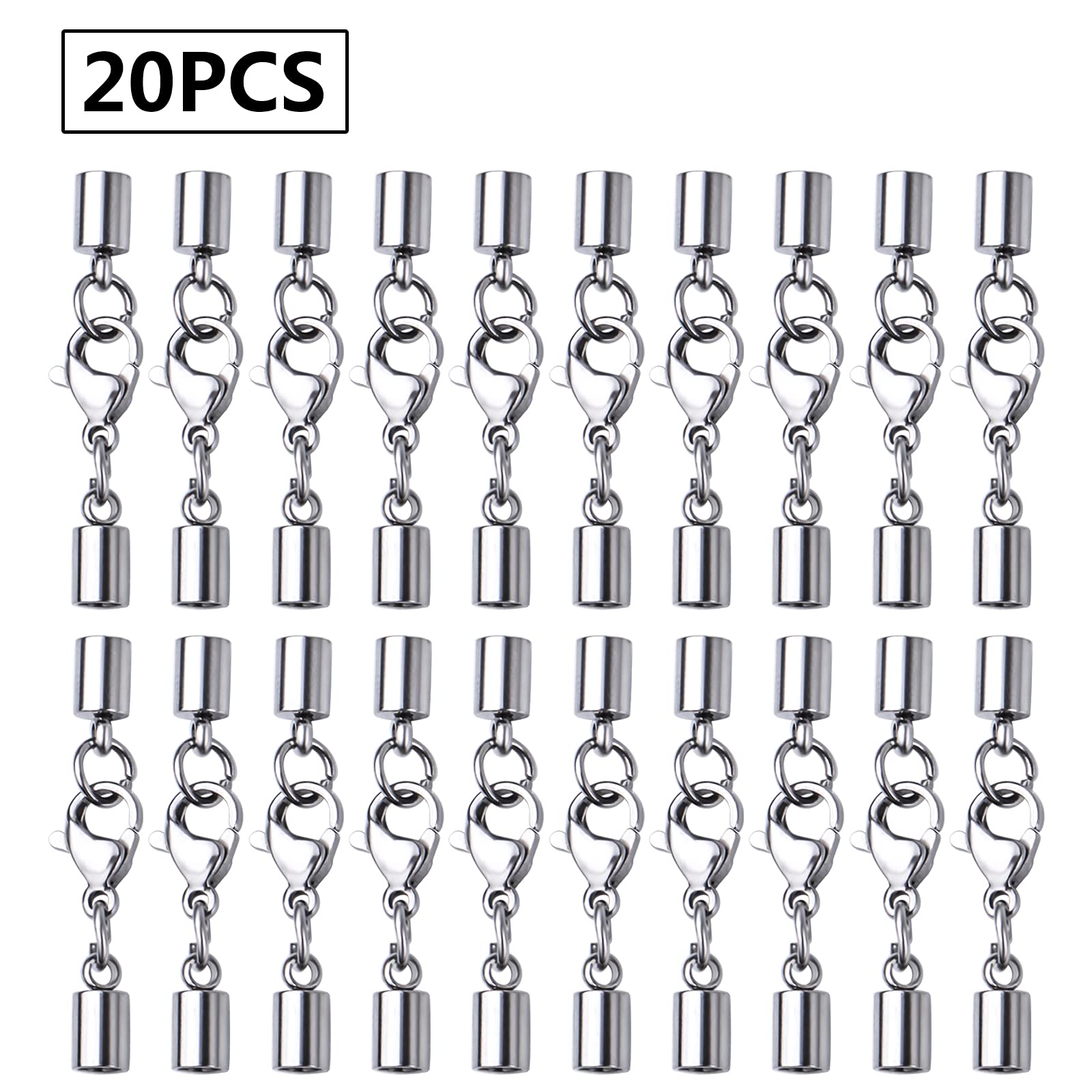 LiQunSweet 20 Sets Stainless Steel Cord End Clasps With Extender Chains - Perfect For DIY Jewelry