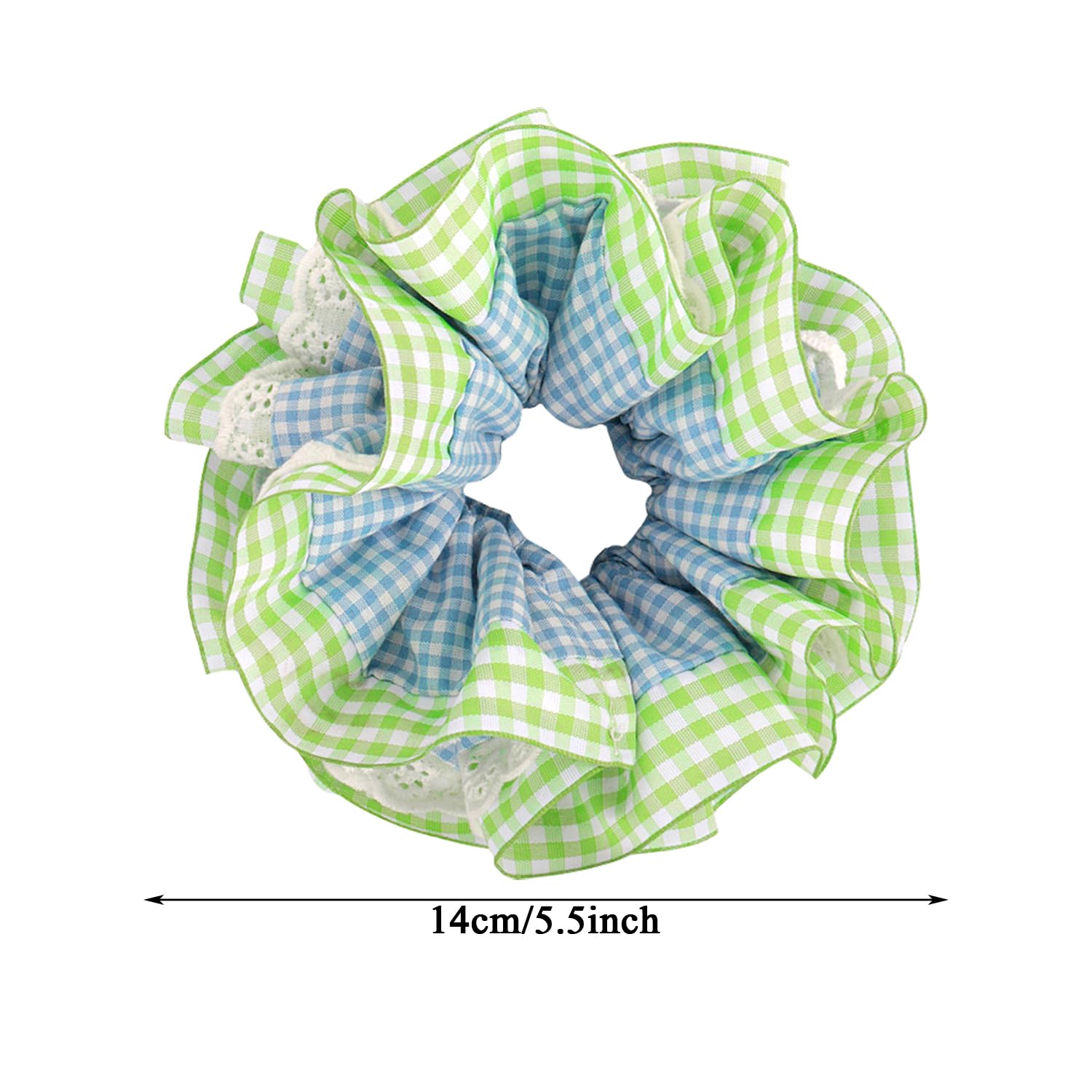 1Pcs Oversized Frilly Blue Green Gingham Scrunchies - Image 2