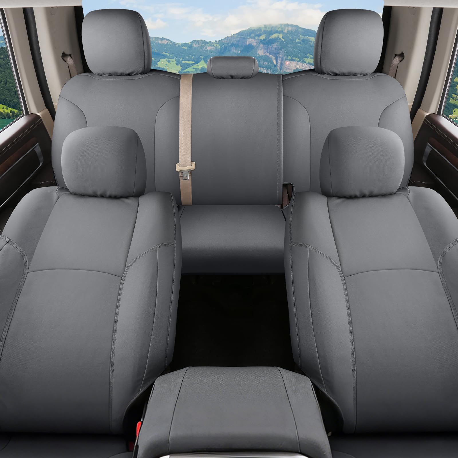 Coverado Chevy Silverado Waterproof Canvas Seat Covers Full Set, Fit for 2014-2018 1500, 2015-2019 2500HD 3500HD Chevy Silverado GMC Sierra Crew Double Extended Cab (Flat Front&amp;Curved Rear, Gray)