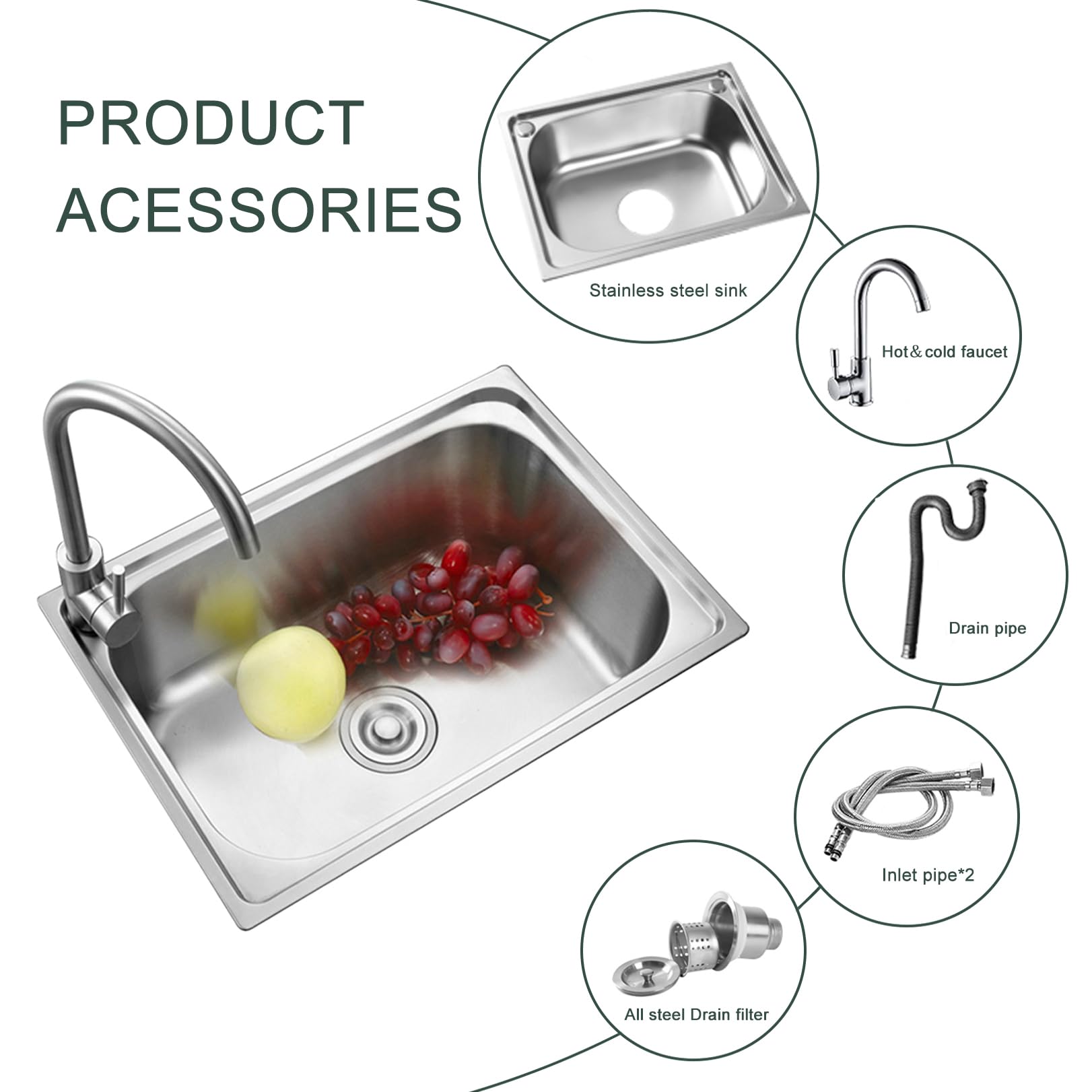 Lavello da Cucina,lavello Cucina in Acciaio Inox per Uso Domestico,1 Vasca,lavabo Commerciale Incasso con Rubinetto Acqua Calda e Fredda,Facile Pulire