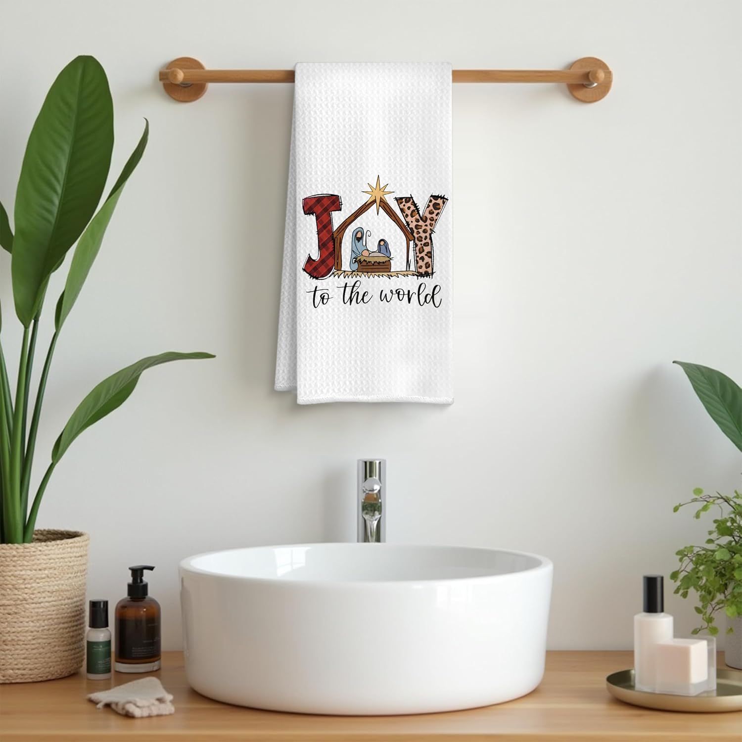 Christian Christmas Nativity Kitchen Towels, Jesus Birth Christmas Dish Tea Towels, Red Plaid Leopard Religious Xmas Decorative Hand Towel for Bathroom Kitchen, 16x24 Inch - Image 2