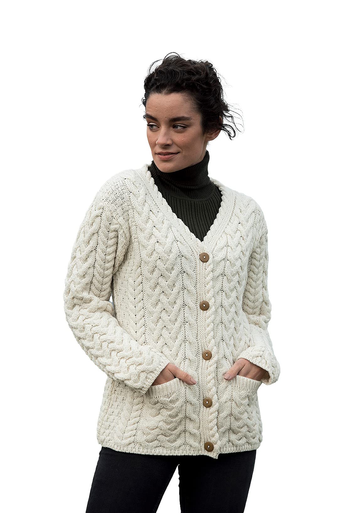 Aran Woollen MillsWomen's Cardigan 100% Merino Wool Sweater Cable Knit Made in Ireland