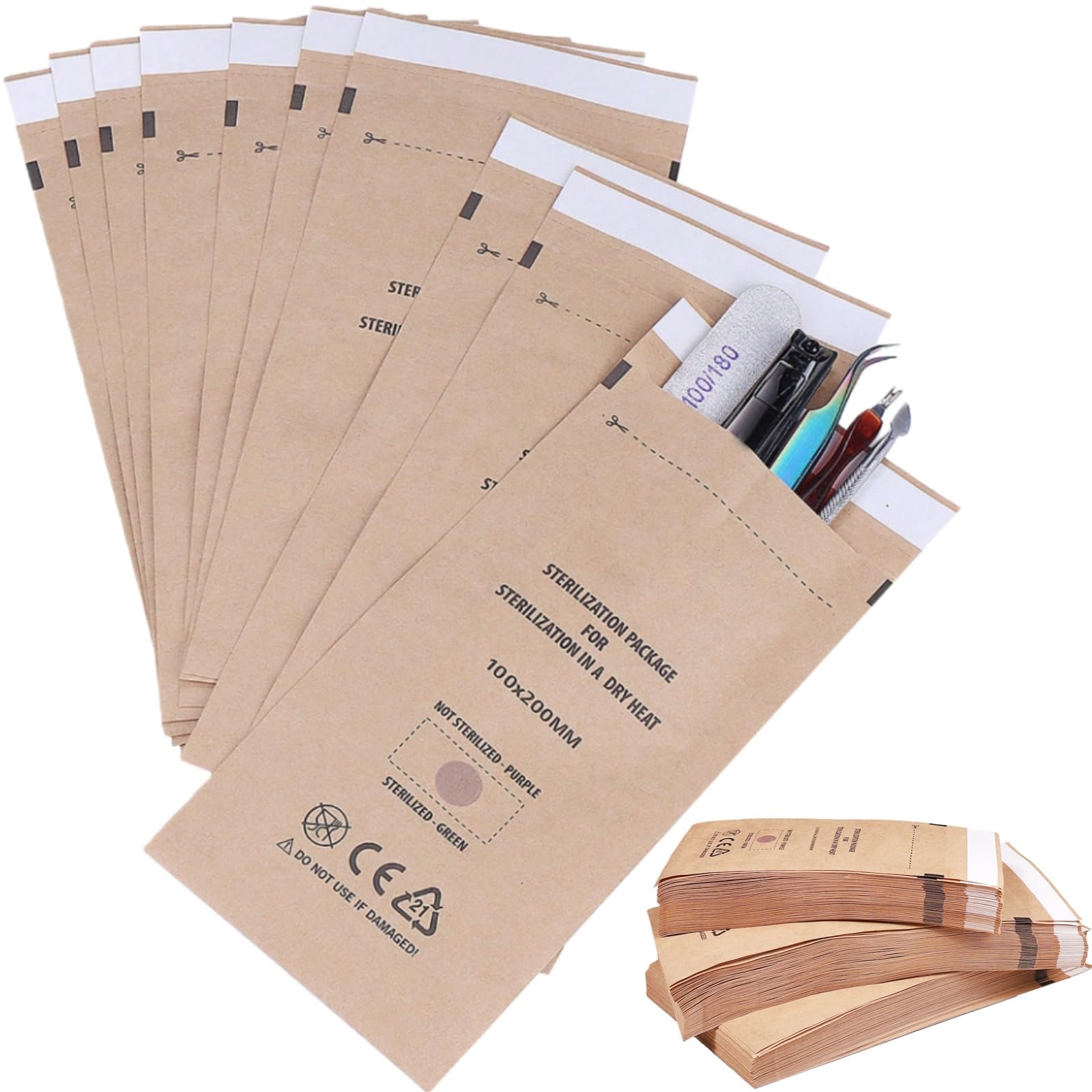 Disposable sterilisation bags made of kraft paper with self-sealing closure, for sterilisation with dry heat at high temperatures, for single use only.