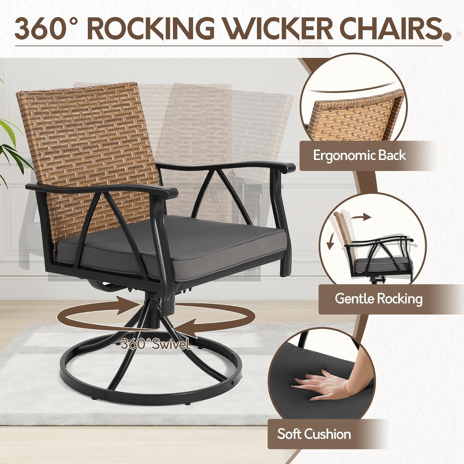 5-Piece Patio Dining Set for 4，Outdoor Dining Set with Wicker Swivel Patio Dining Chairs with Cushions & 1 Black Square Woodgrain Dining Table with 1.75”Market Umbrella Hole, Black & Brown