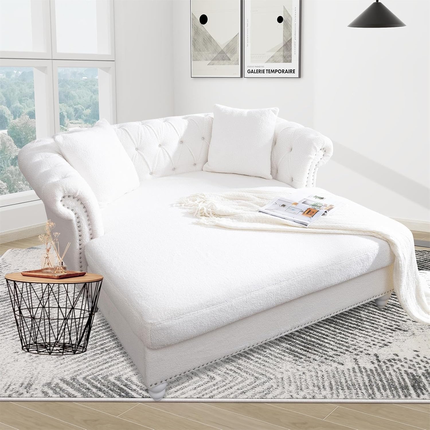 63" Chesterfield Loveseat Chaise Lounge Sofa, Upholstered Velvet, Oversized Chaise Lounge Indoor Sofa, with 2 Pillows, Tufted Back, Rolled Arm, 2-Seater Couch for Living Room or Office (White)