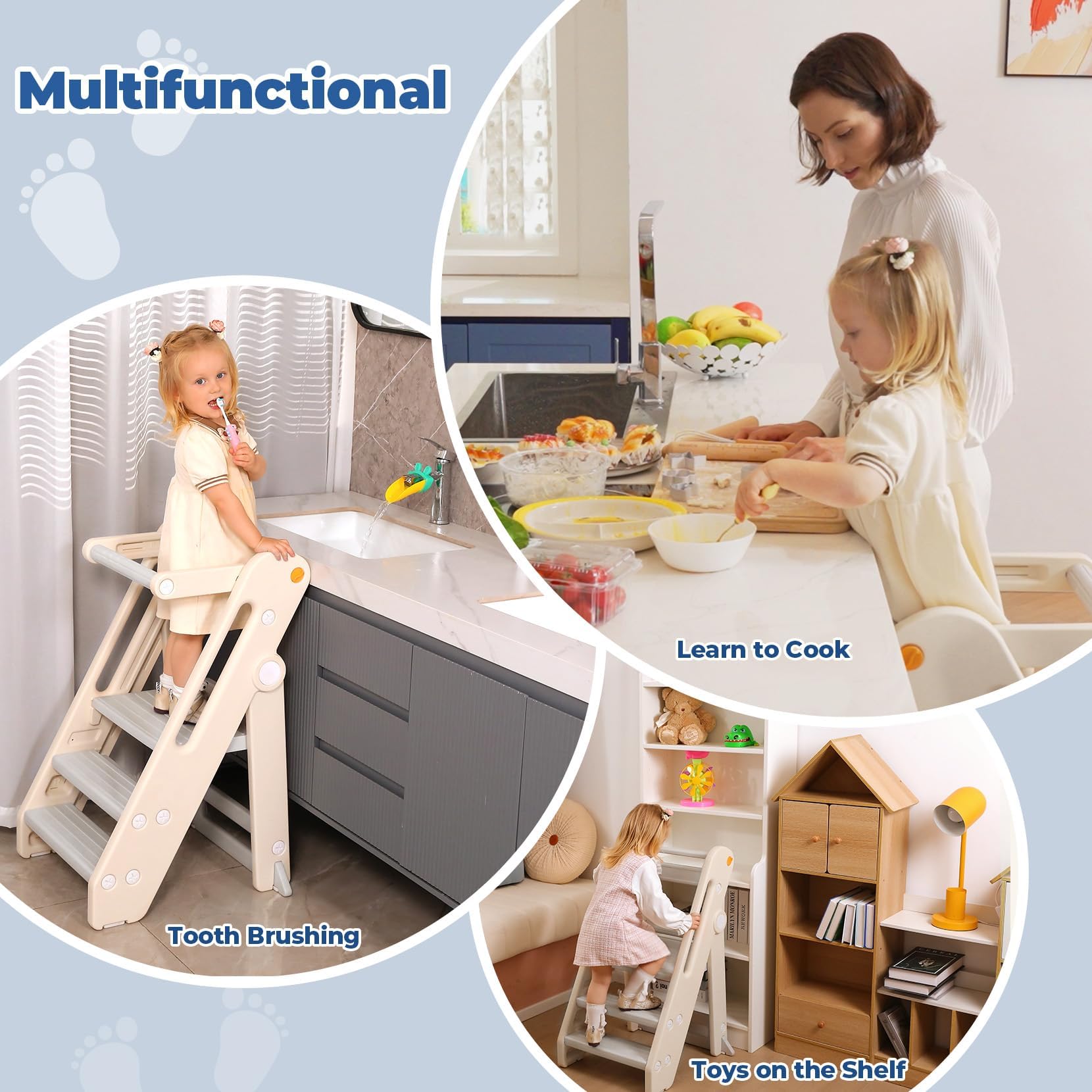Onasti Torre di Apprendimento per Bambini, Learning Tower,Torre Montessoriana Pieghevole e Regolabile in Altezza per Bambini per Bancone Cucina Lavandino Bagno, Torretta Montessoriana (Bianco)