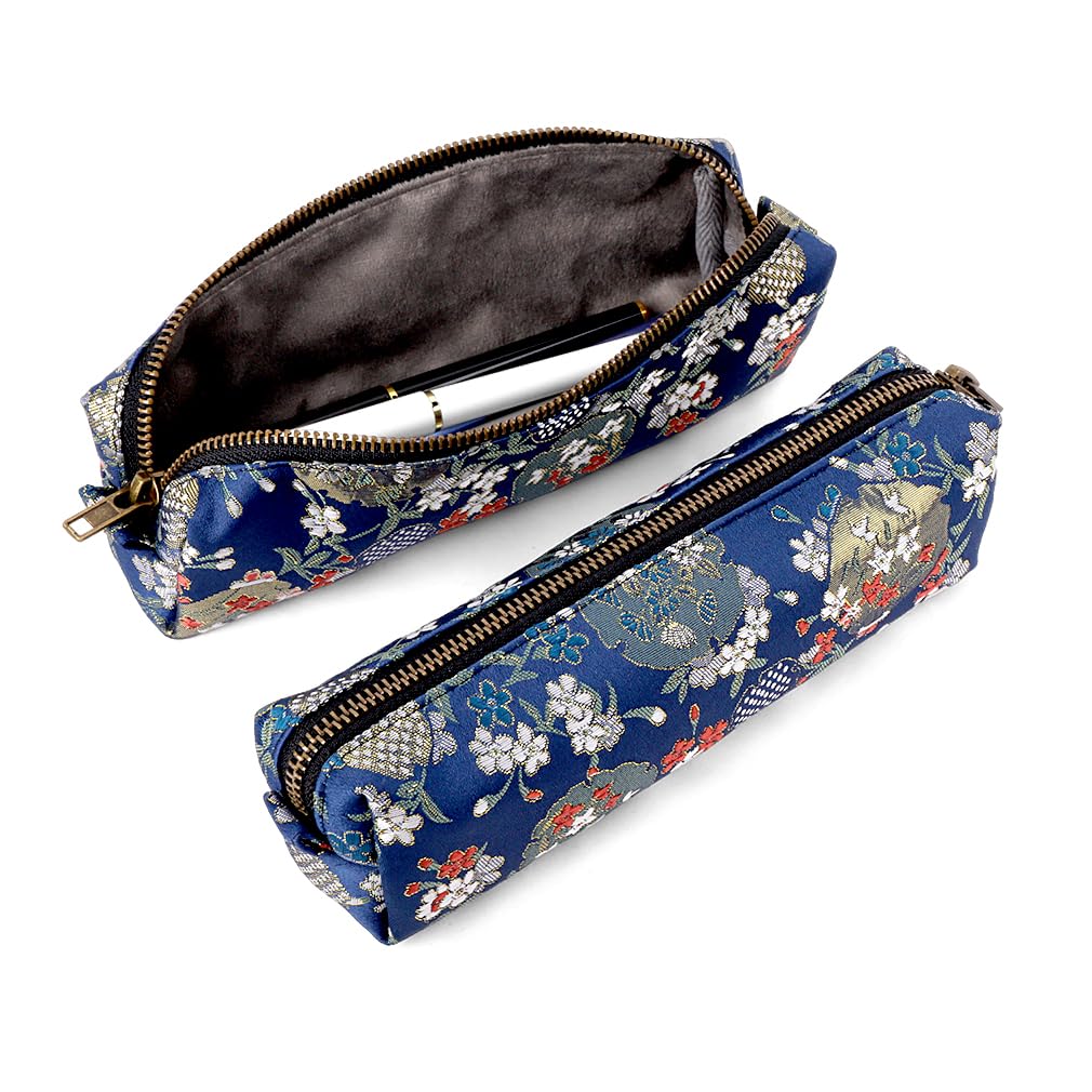 iSuperb Vintage Pencil Case Embroidery Pen Pouch Zipper Pencil Bag Women Makeup Bag for Office Organizer Storage Bag (Dark Blue)