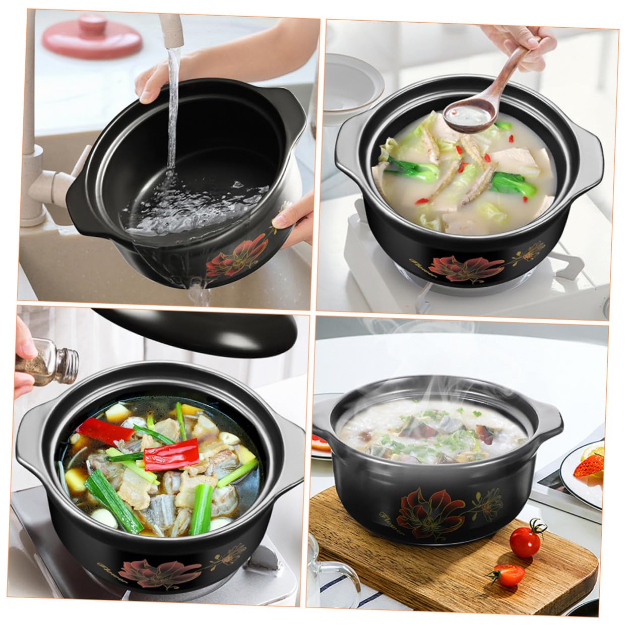 ULTECHNOVO Olla de Cerámica para Guisar Comida Tapa, Capacidad 1600ml, Ahorro de Energía y Doble Asa, Apta para Cocina Doméstica y Gas