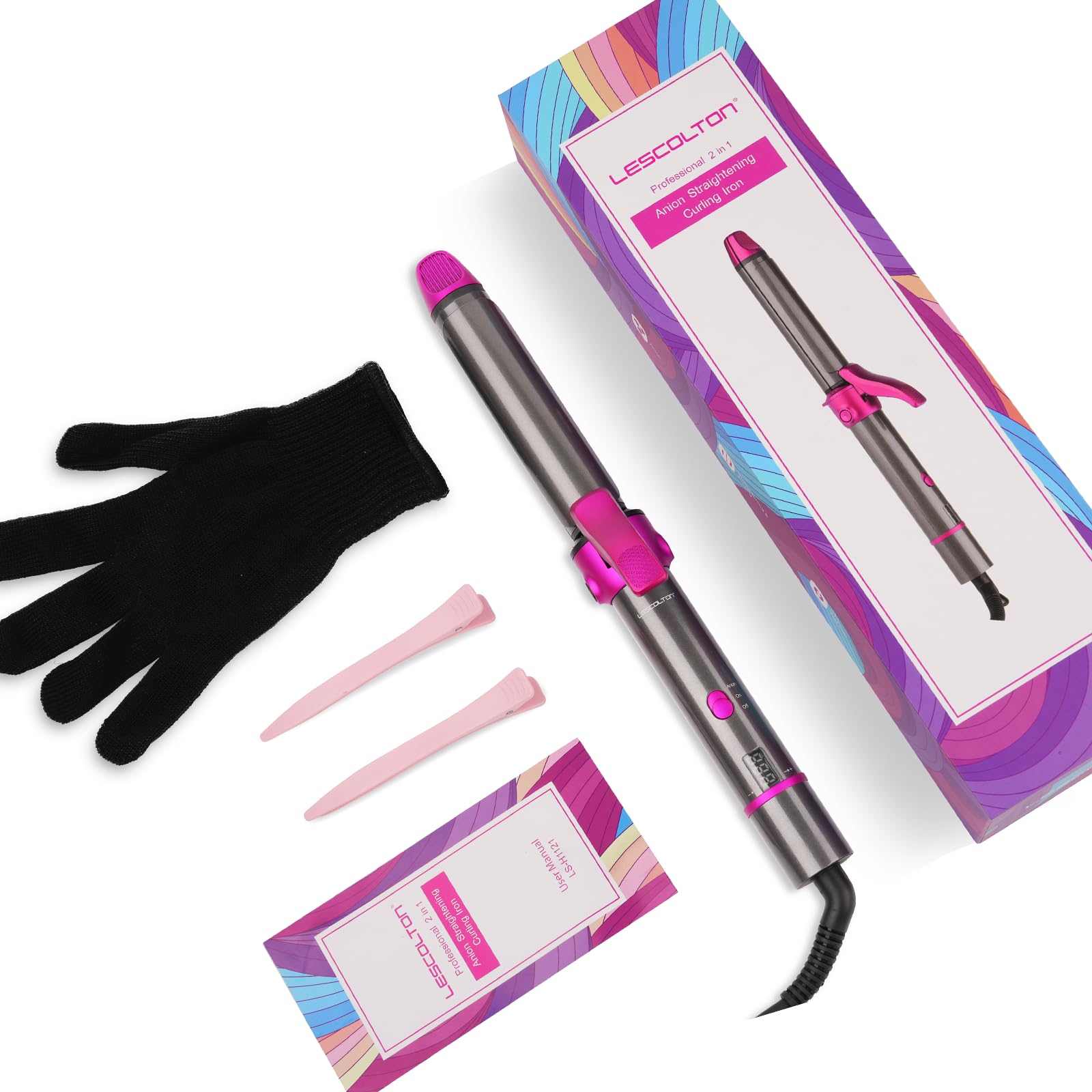 Piastra per Capelli e Arricciacapelli 2 in 1, rivestimento nano-titanio, curler Iron con display LCD, 27 temperatura regolabile, 00-230 ℃ ricci e levigatura Spazzola Phon (Magenta)