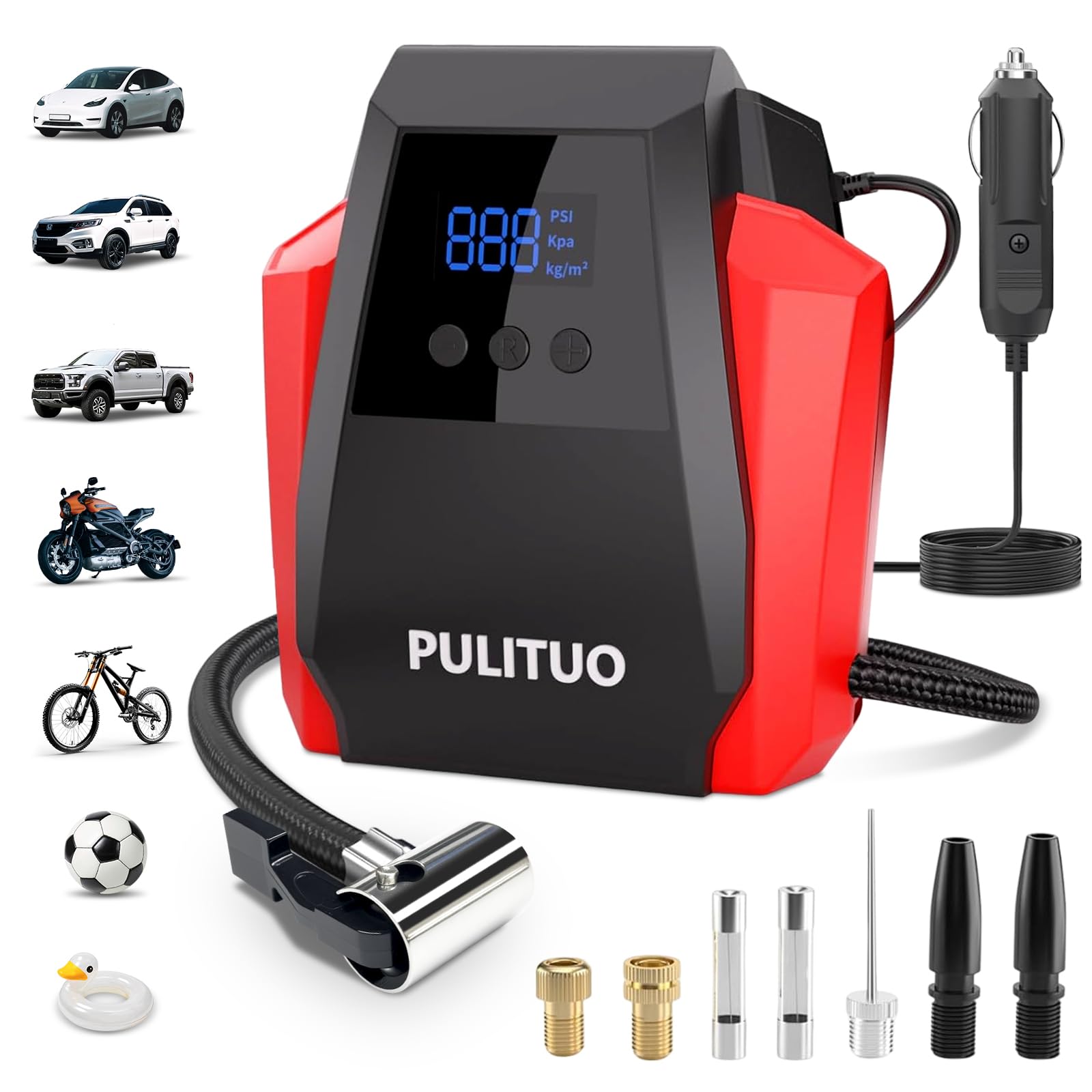 PULITUO Tire Inflator Portable Air Compressor - Car Accessories 12V DC Air Pump for Car Tires with Digital Pressure Gauge, Emergency LED Light for Wheel,Bike, Ball, Motor