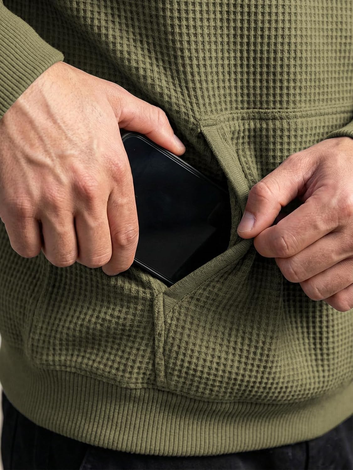 Men's Quarter Zip Hoodie Waffle Knit Hooded Sweatshirt Loose Fit Casual Long Sleeve Pullover with Pockets - Image 5