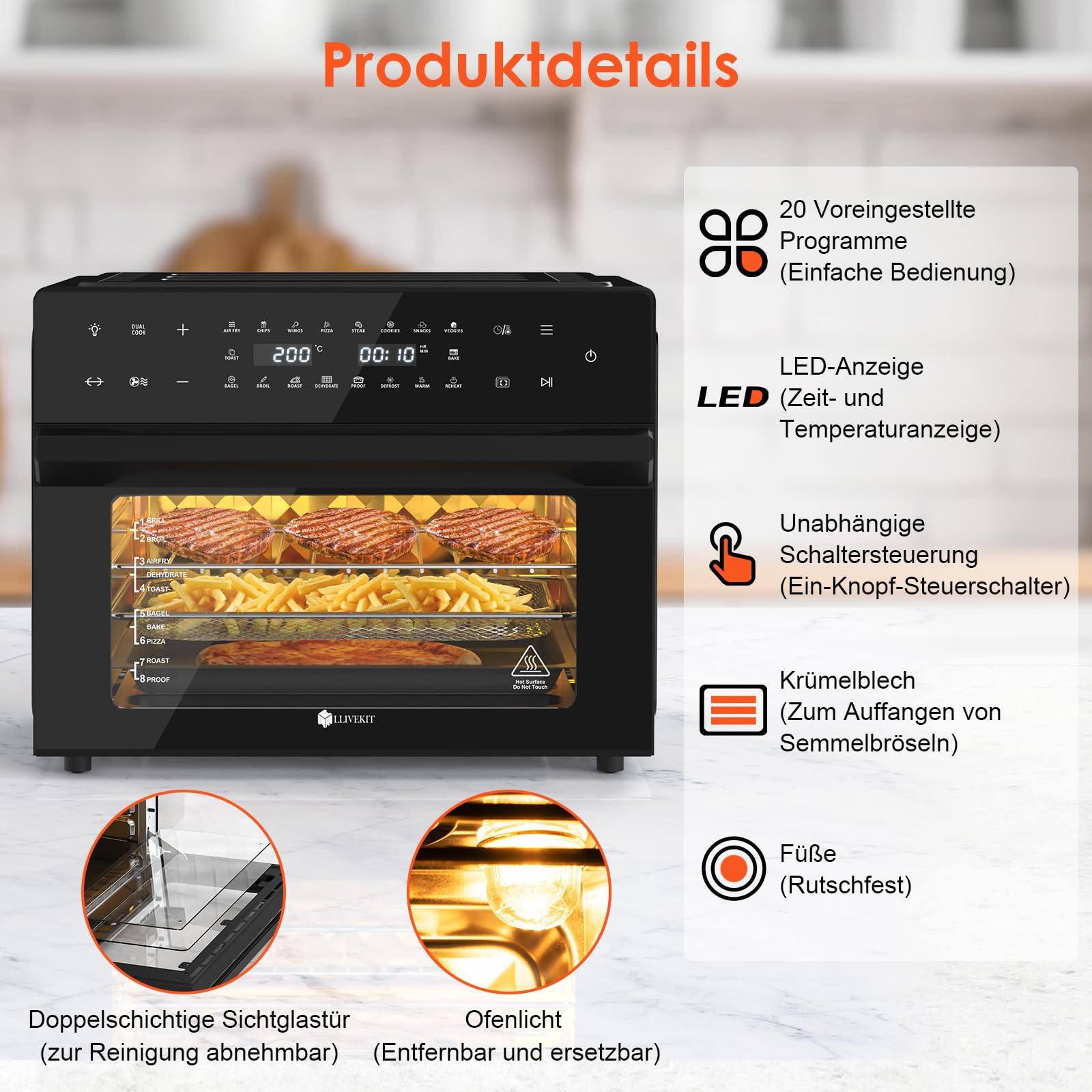 LLIVEKIT 30L Heißluftfritteuse XXL, Minibackofen Umluft mit 20 Programme und 9 Zubehör, Mini Backofen mit LED-Touchscreen, Airfryer Oven ohne Öl mit Sichtfenster, Zwei Kochmodi, Rezeptbuch, 80°C-230°C