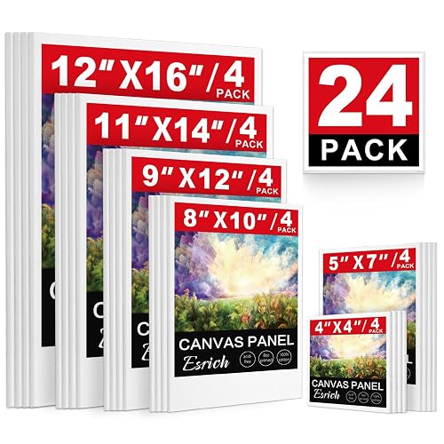 ESRICH 24 Pack Canvas Boards for Painting, Paint Canvas for Adults & Kids | Cotton, Acid-free, Primed White Blank Canvas for Acrylic, Oil Paint, Watercolor, 4x4, 5x7, 8x10, 9x12, 11x14, 12x16