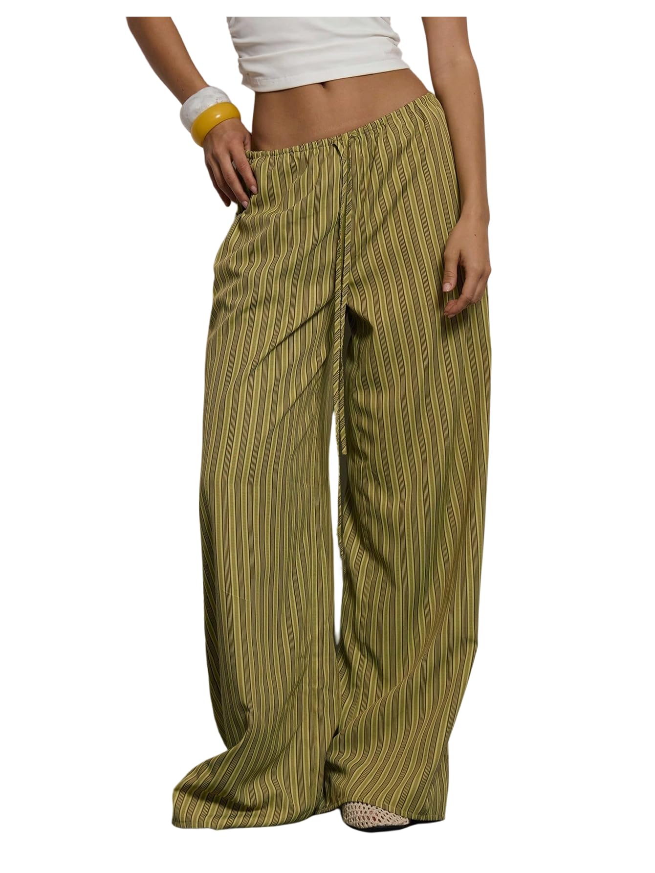 Womens Gingham Baggy Pants Striped Drawstring Waist Wide Leg Loose Trousers