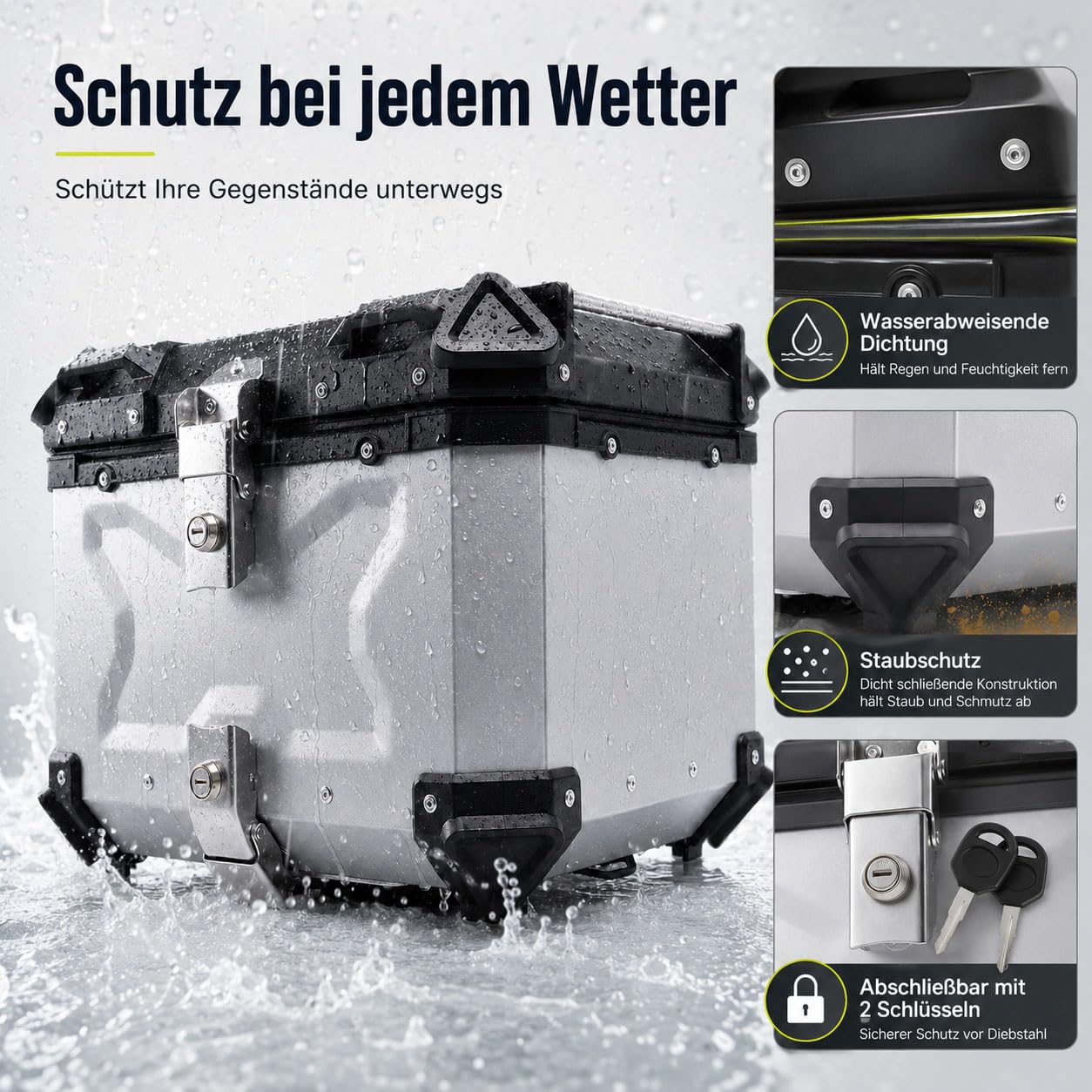 Baúl Moto y Scooter de Aluminio, Top Case Moto con Cerradura, Respaldo, Forro Interior y Base de Liberación Rápida, Maleta Trasera Resistente al Agua para Casco,Plata,45L