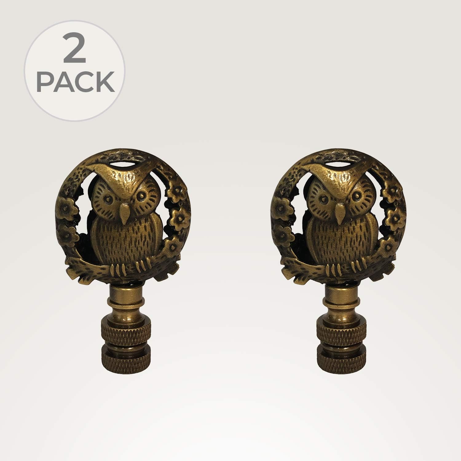 Royal Designs Decorative Botanical Owl Lamp Finial for Lamp Shade, Antique Brass - Pack of 2