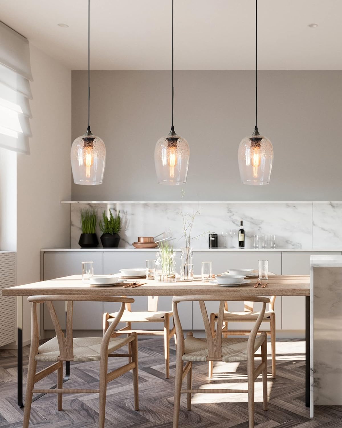 ARIAMOTION Island Lights Glass Pendant Lighting for Kitchen Clear Modern Light Fixtures Ceiling Hanging Dining Room Table Art Bubbles Teardrop Shade Bathroom 3 Pack Brushed Nickel 7 Inch H 5.5 Inch D - - 