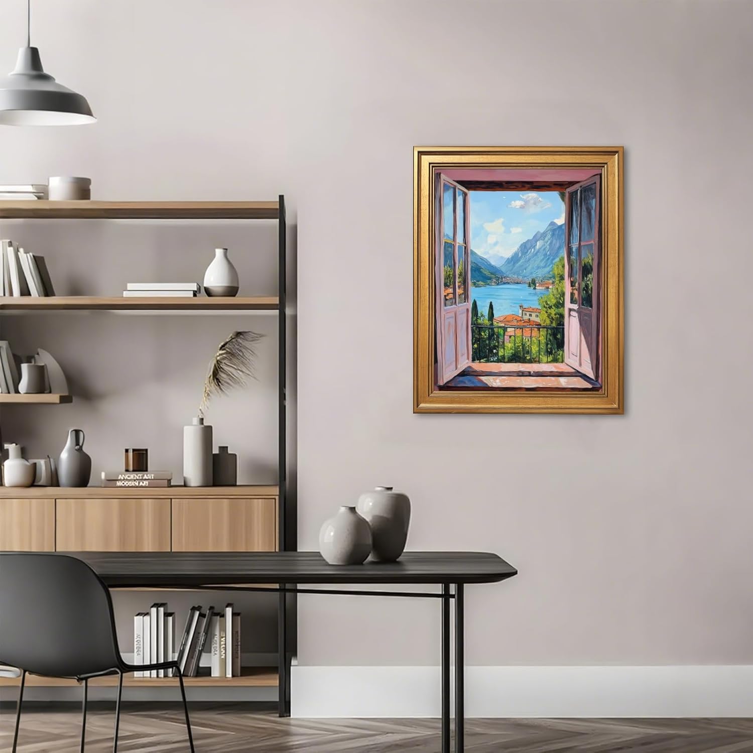 Gold Frame Open Window Wall Art by Henri Matisse Reproduction Canvas Print Patio Doors Italian Mediterranean Landscape Painting Trendy Coastal Travel Poster for Living Room Decor 12x16inch