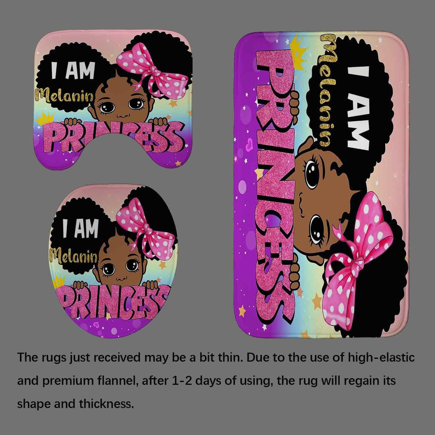 4PCS Black Girl Shower Curtain Set, Cute African American Girl Afro Melanin Princess Black Girl Magic Bathroom Decor for Girls Kids Teens, Waterproof Fabrin Shower Curtain, Non-Slip Bath Mats