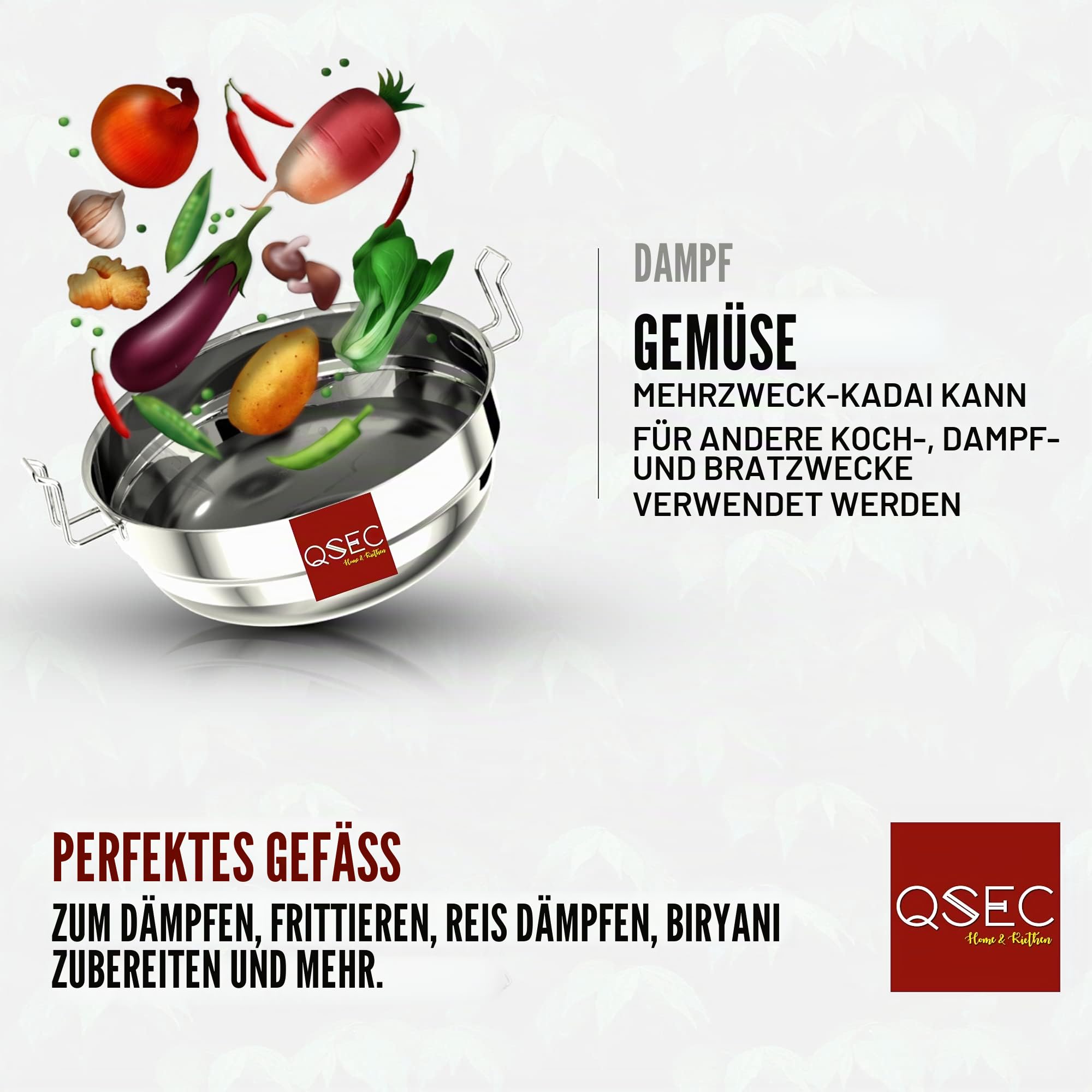 QSEC Idli Maker mit dreifachem Boden, Edelstahl, 4-in-1, Induktionsboden, Mehrzweck-Kocher, Kadai, Idli, Dampfgarer, Kochen, All-in-One, große Momos, Maker, Dhokla Herd, 6 Teller, 2 Idli, 1 Mini-Idli,