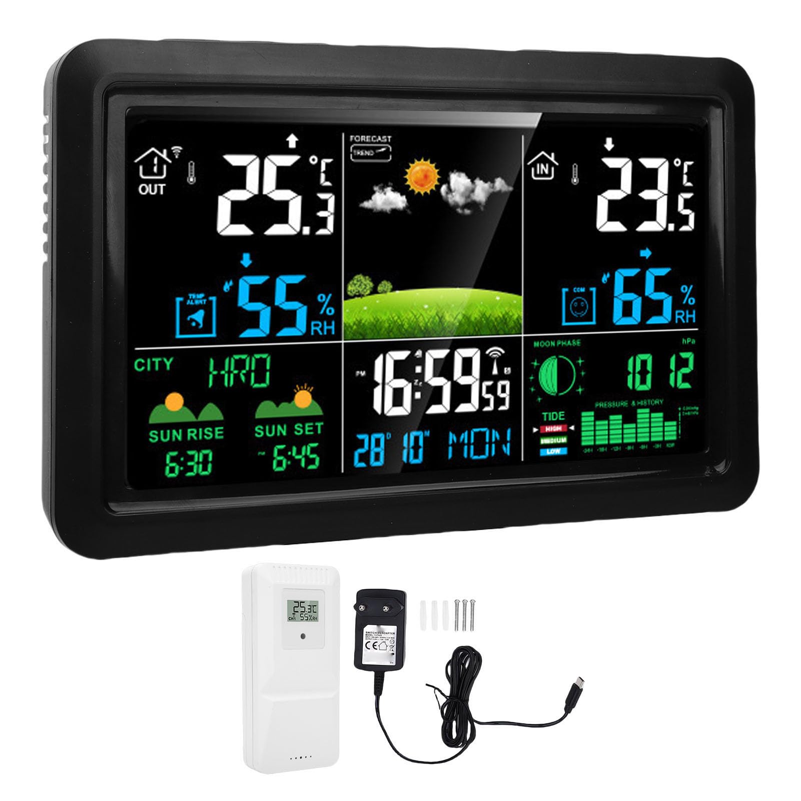 Stazione Meteorologica Wireless per Interni Esterni, Termometro Digitale con Display a Colori con Orologio Atomico, Previsioni Meteo, Monitoraggio dell'umidità della (Spina europea 220 V)