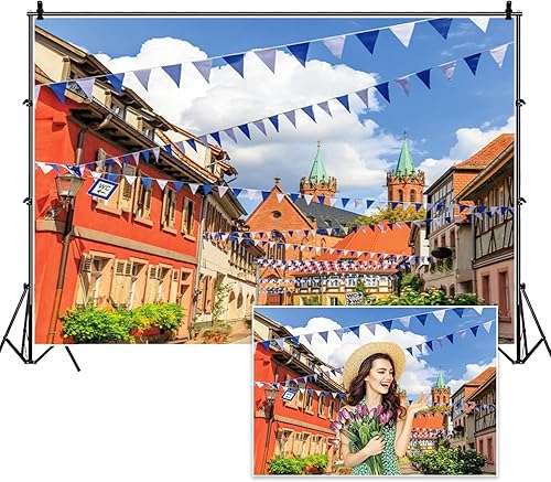 Miniatura 1 de Haoyiyi Telón de fondo de calle de ciudad alemana de 7 x 5 pies, bandera bávara, fiesta temática de Oktoberfest, fondo de fotografía, festival de