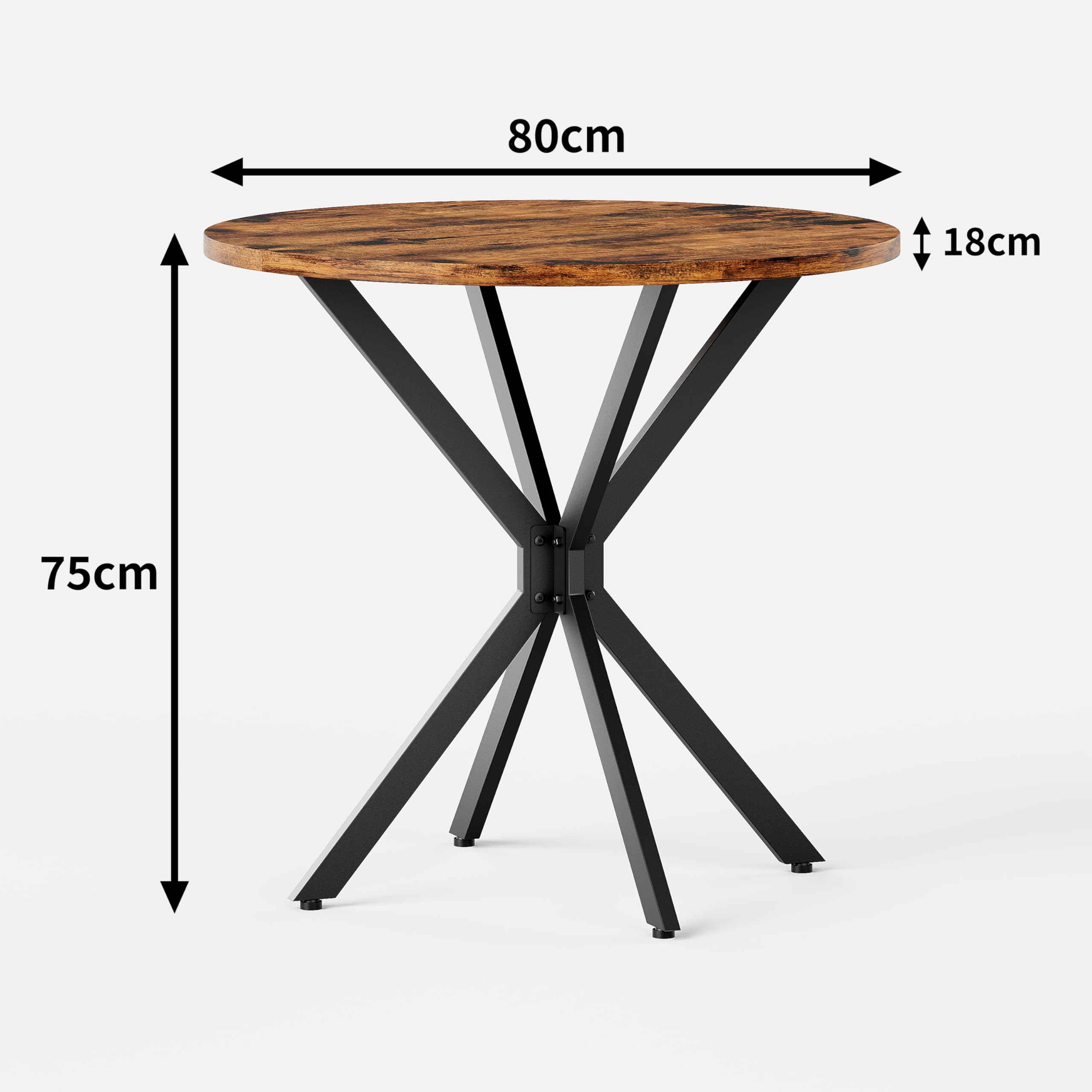 Okrągły stół do jadalni, Ø 80 x 75 cm, styl industrialny, brązowy vintage, czarny – stół kuchenny z nóżkami X, nie zajmuje dużo miejsca dla 2 osób, domowe biuro, salon