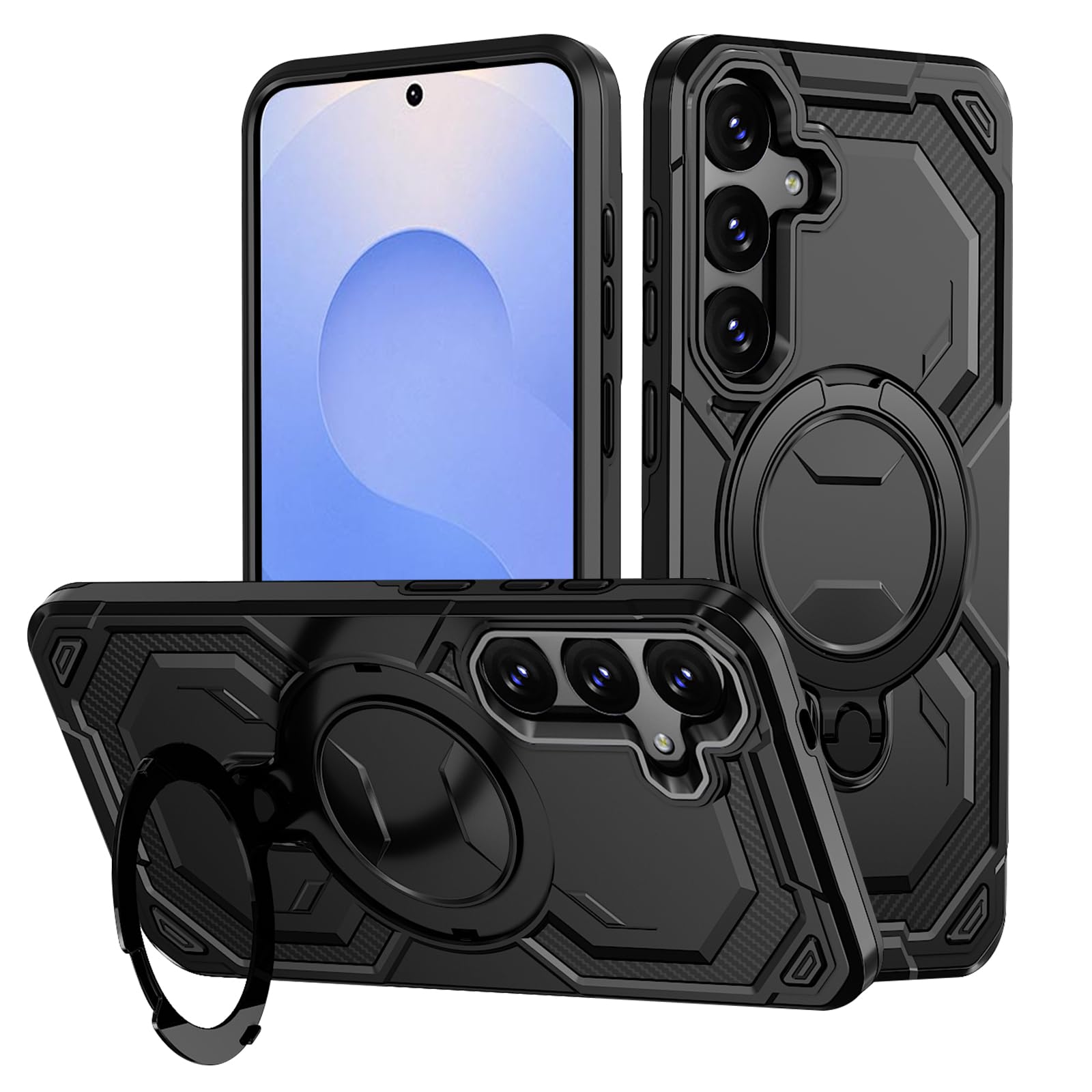 Hülle für Samsung Galaxy S25 Kompatibel mit MagSafe,Militärschutz Stoßfest Galaxy S25 Handyhülle Case mit Magnetischer Ständer Unsichtbarer Standring Kratzfeste Schutzhülle für Samsung S25 (Schwarz)