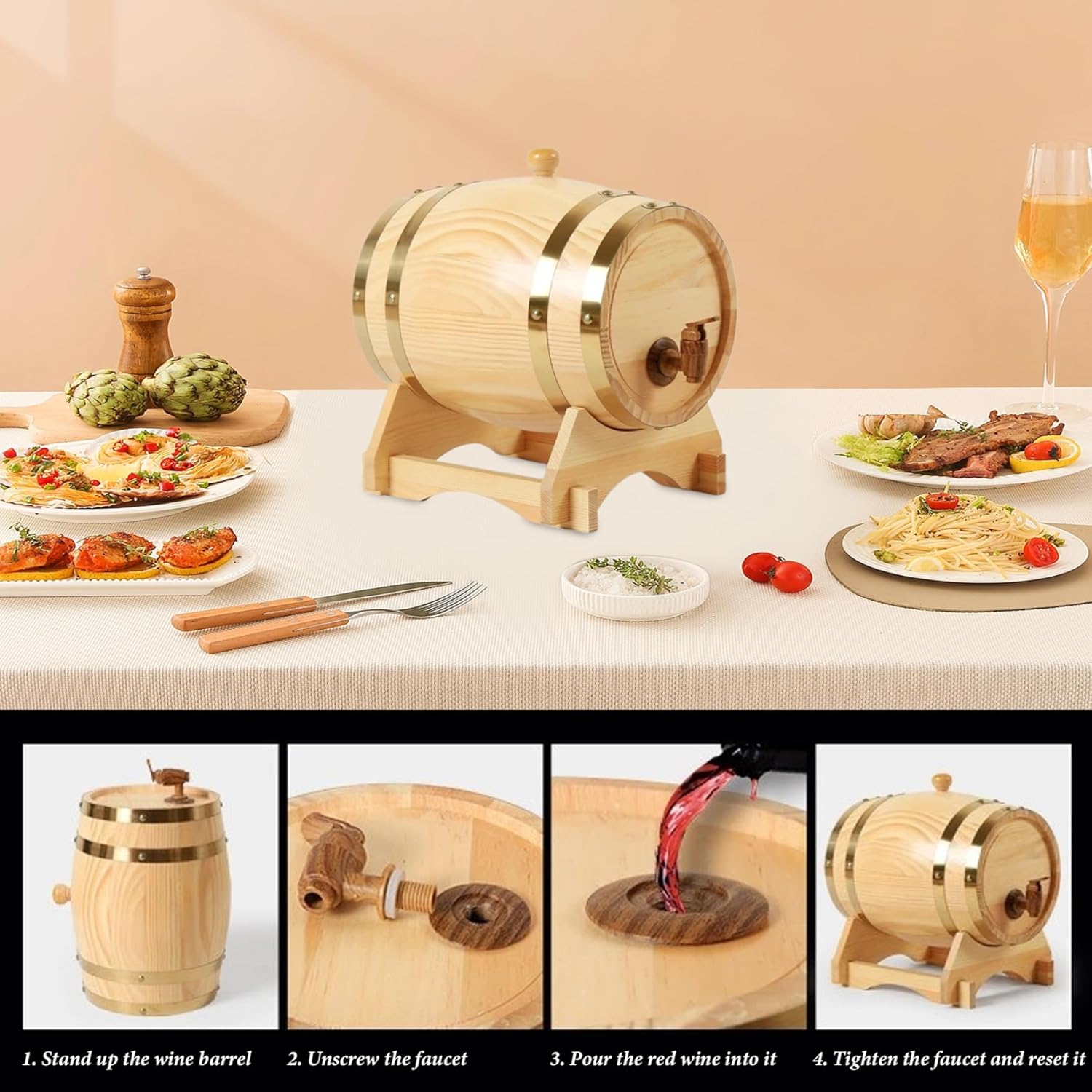 Gcroet Wine Barrel 1.5L Oak Barrel with Tap Aging Whiskey with Wooden Stand Leak Proof Home Bar Decor Display and Storage for Home Brewer Liquors Wine Beer Logcolor...