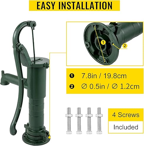 Miniatura 5 de VEVOR Bomba de agua manual antigua de 146 x 59 x 26 pulgadas con mango de hierro fundido con agujeros preestablecidos de 05 pulgadas para una fácil