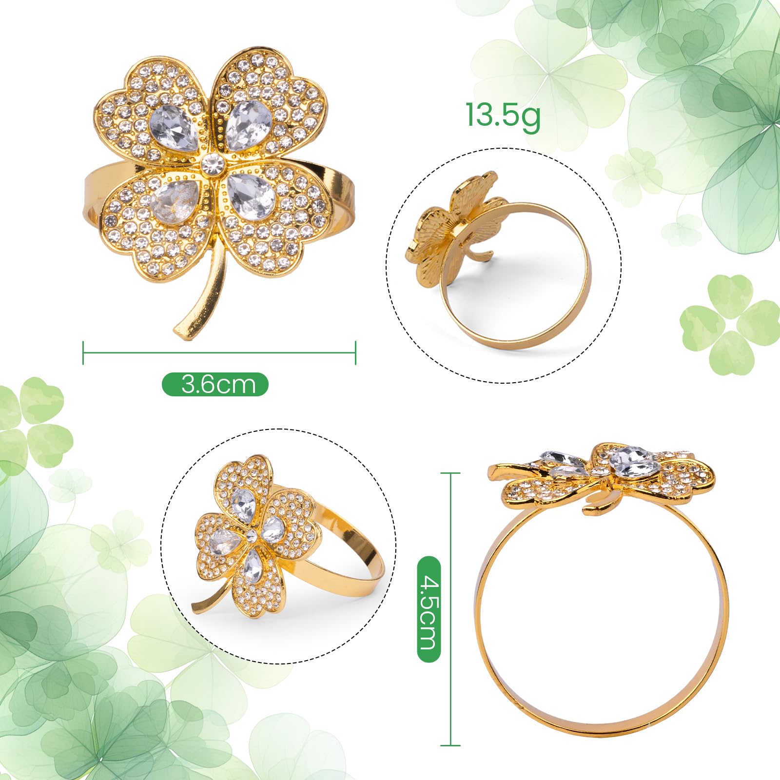 Napkin Rings Set of 6 Four Leaf Clover Gold Napkin Holder Ring for Table Decoration,Wedding,Family Dinner,Party, Christmas,Thanksgiving Day,Birthday