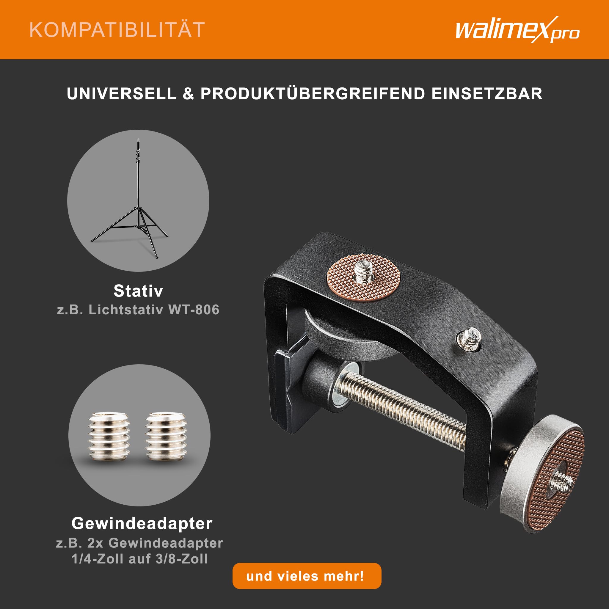 Walimex pro KX-20 Stativ Klemme – Klemmstativ, Blitzklemme, Aluminium, mit ausziehbarer Mittelsäule 12,5-20 cm, für Kamera, LED Leuchten, Halterung für Stativ, Rohr, Platte, Tisch