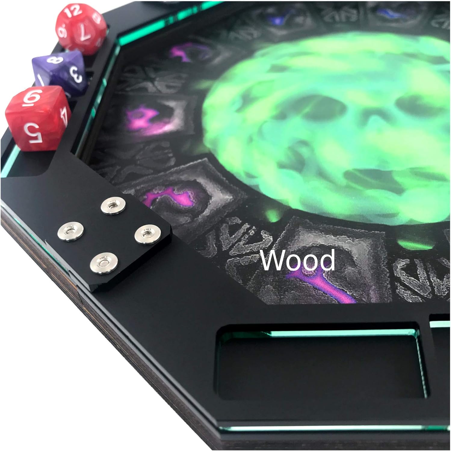 C4Labs 10" Octagon Dice Rolling Tray – Printed Vortex Skull: Teal-Wood Rolling Surface