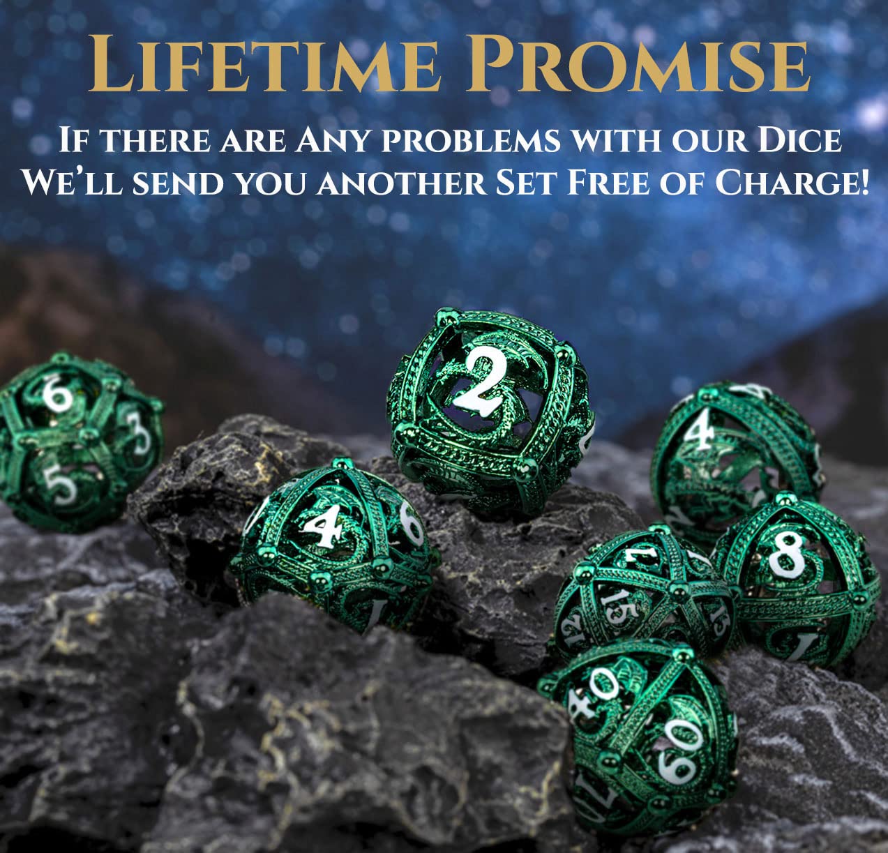 Lot de dés DND en métal – Design rond en orbe creux pour un meilleur roulement – Beau jeu de dés en métal dragon pour jeux de rôle (RPG) – Superbe jeu de dés D&D Donjons et Dragons (vert)