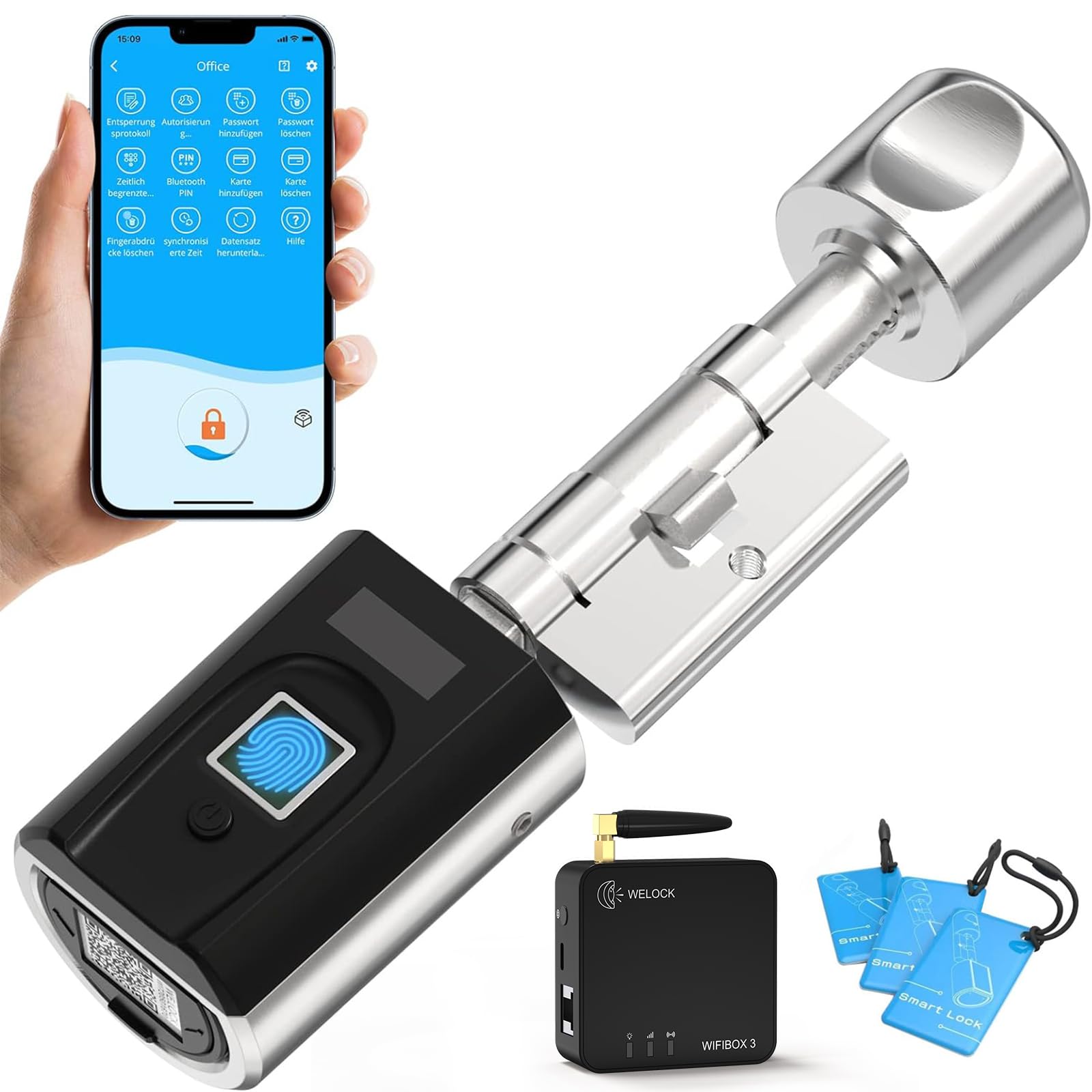 WELOCK SECBN51-WiFiBox3 Serrure Connectée,serrure biometrique | Carte RFID,WiFi,APP,serrure empreinte digitale,cylindre connecté porte entree accès sans clé,Smart Lock facile à Installer